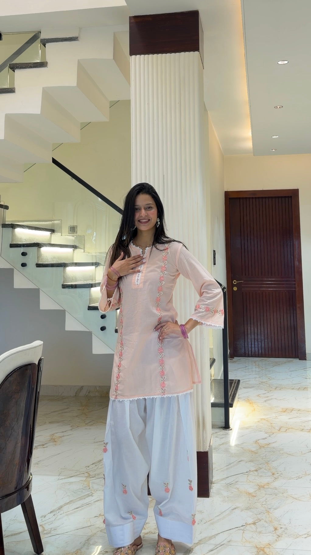 Pink Floral Embroidered Cotton Farshi Suit Set