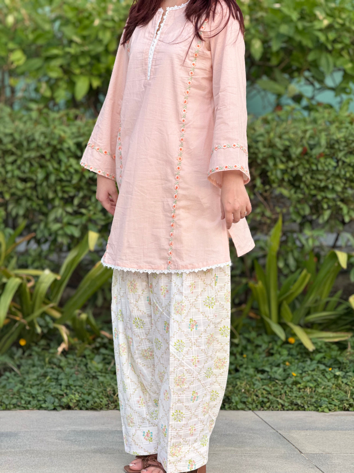 Peach Cotton Cambric Kurta with Printed Farshi Shalwar Set | 2-Piece Ethnic Outfit