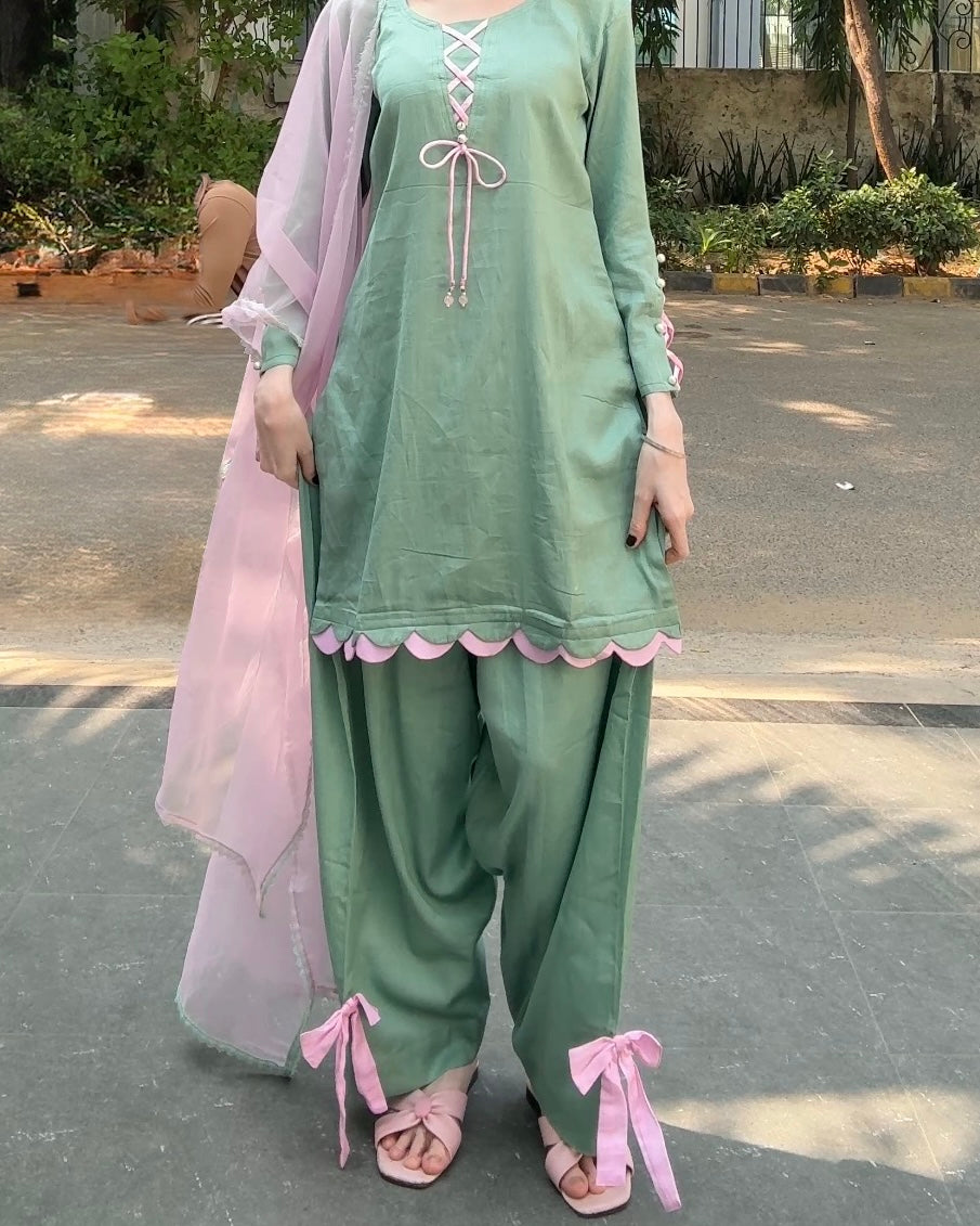 Mint Green Cotton Silk Farshi Suit Set with Pink Dupatta