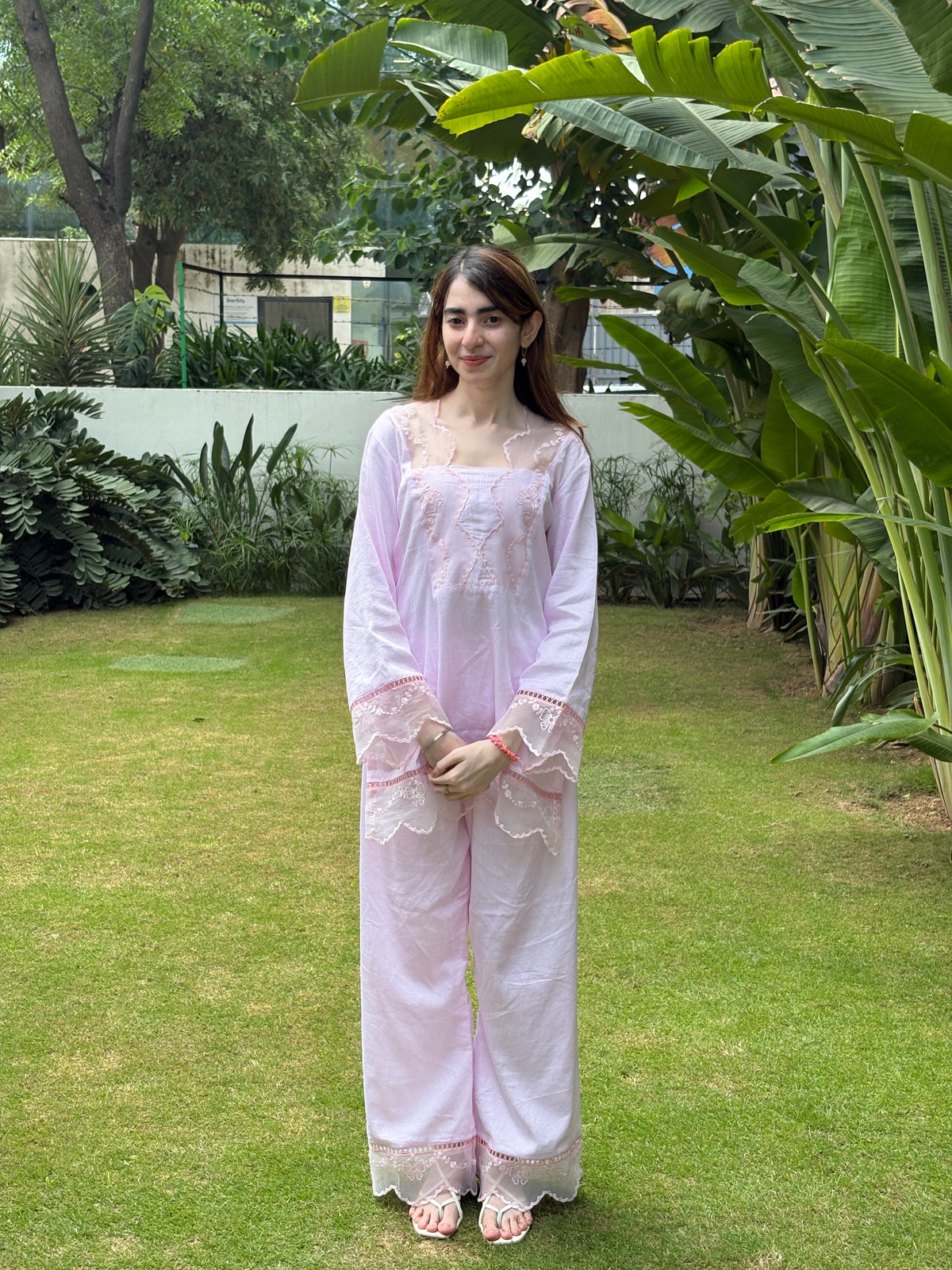 Baby Pink Cotton Silk Short Kurti with Pants | Embroidered Lace Co-Ord Set