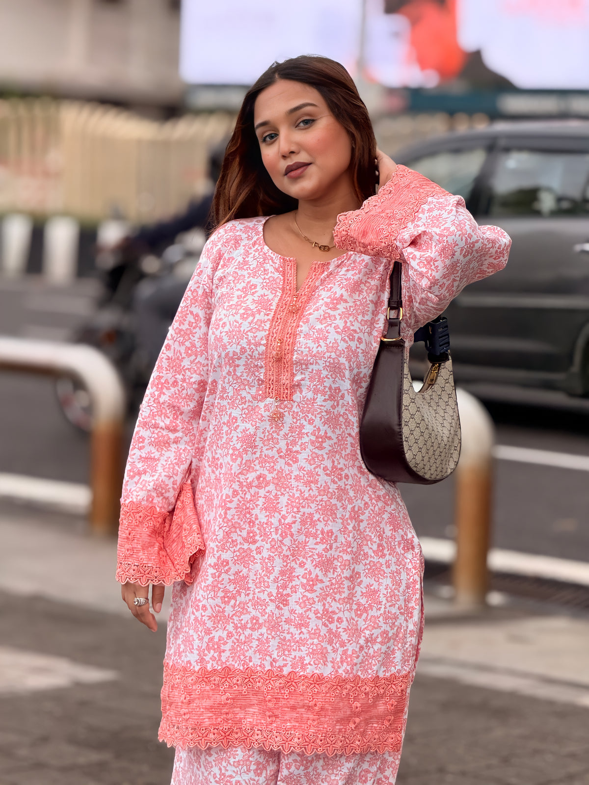Peach Floral Mal Cotton Slub Farshi Set