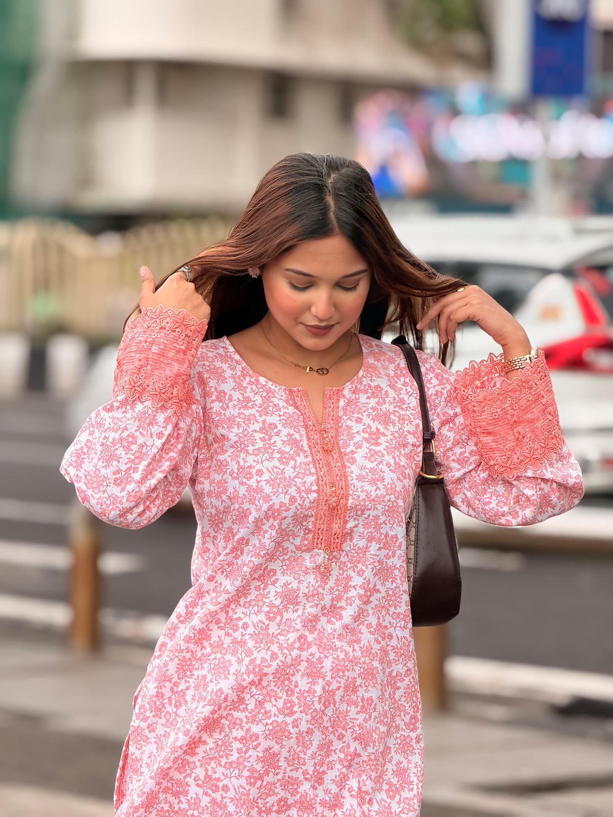 Peach Floral Mal Cotton Slub Farshi Set