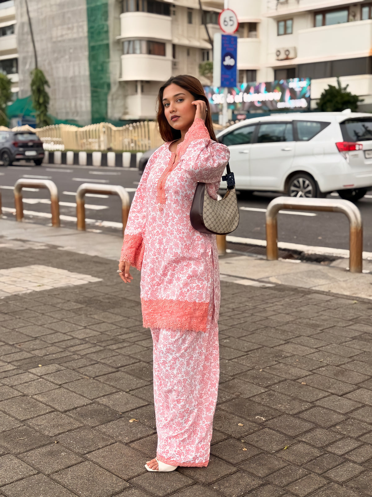 Peach Floral Mal Cotton Slub Farshi Set