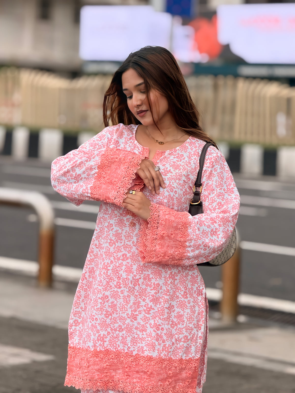 Peach Floral Mal Cotton Slub Farshi Set