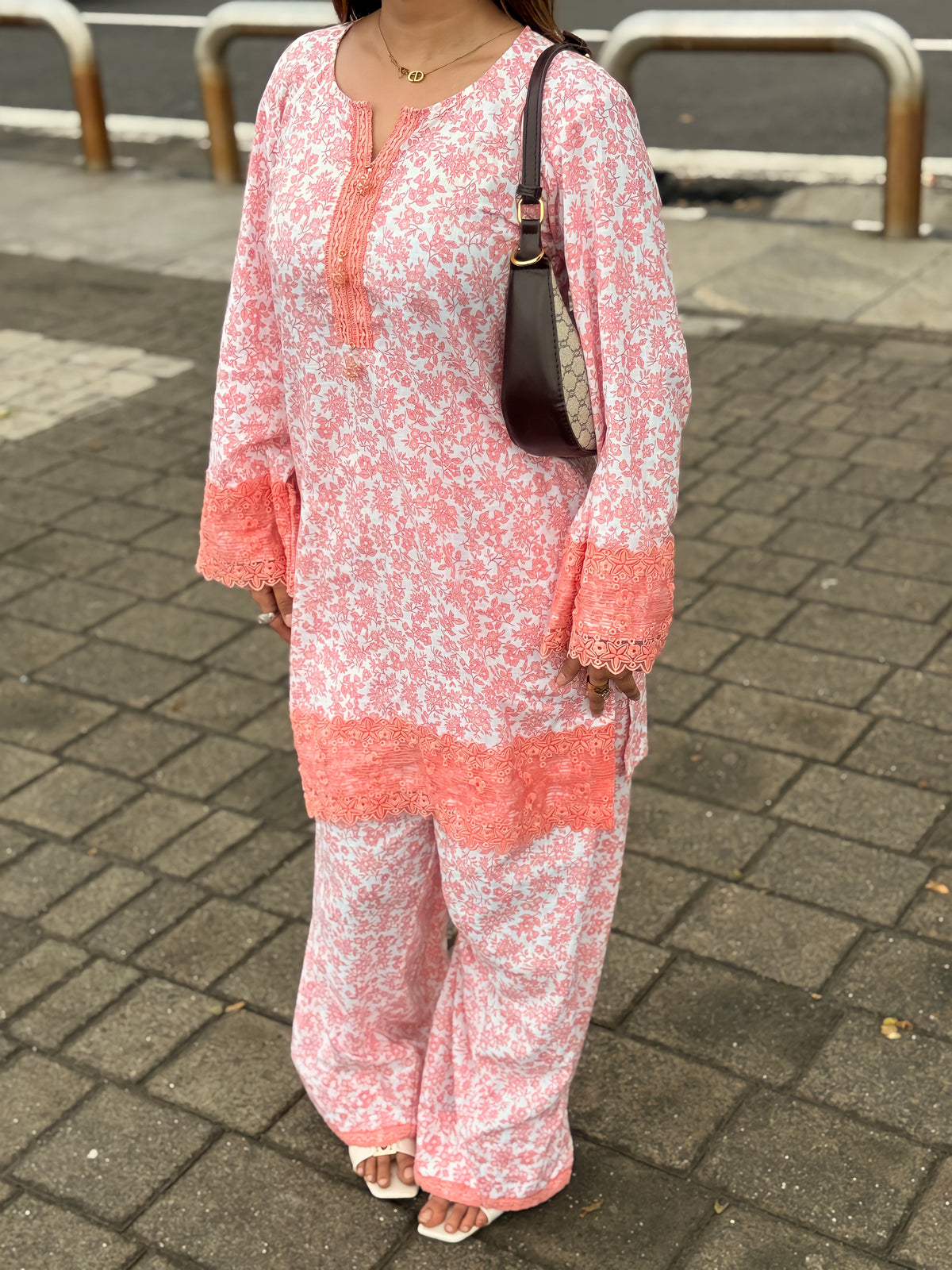 Peach Floral Mal Cotton Slub Farshi Set
