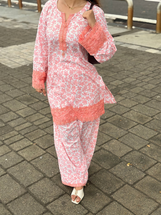 Peach Floral Mal Cotton Slub Farshi Set