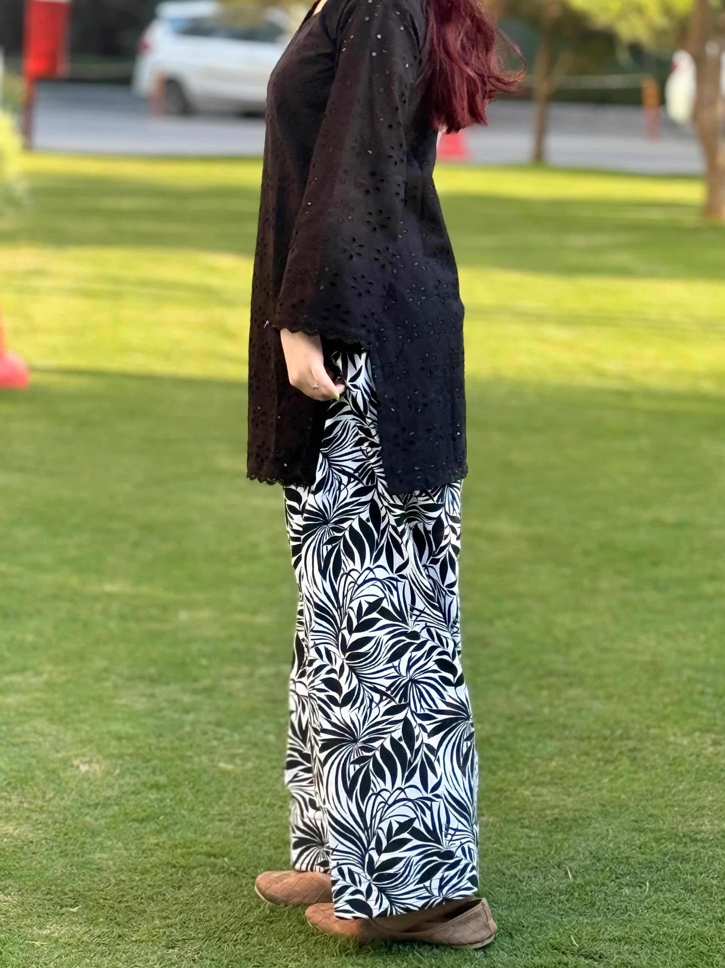 🖤 Farshi Suit – Black Hakoba Cotton Kurta with Printed Poplin Cotton Bottom