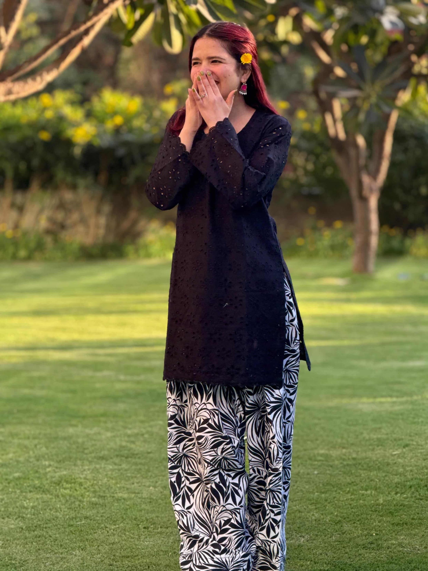 🖤 Farshi Suit – Black Hakoba Cotton Kurta with Printed Poplin Cotton Bottom