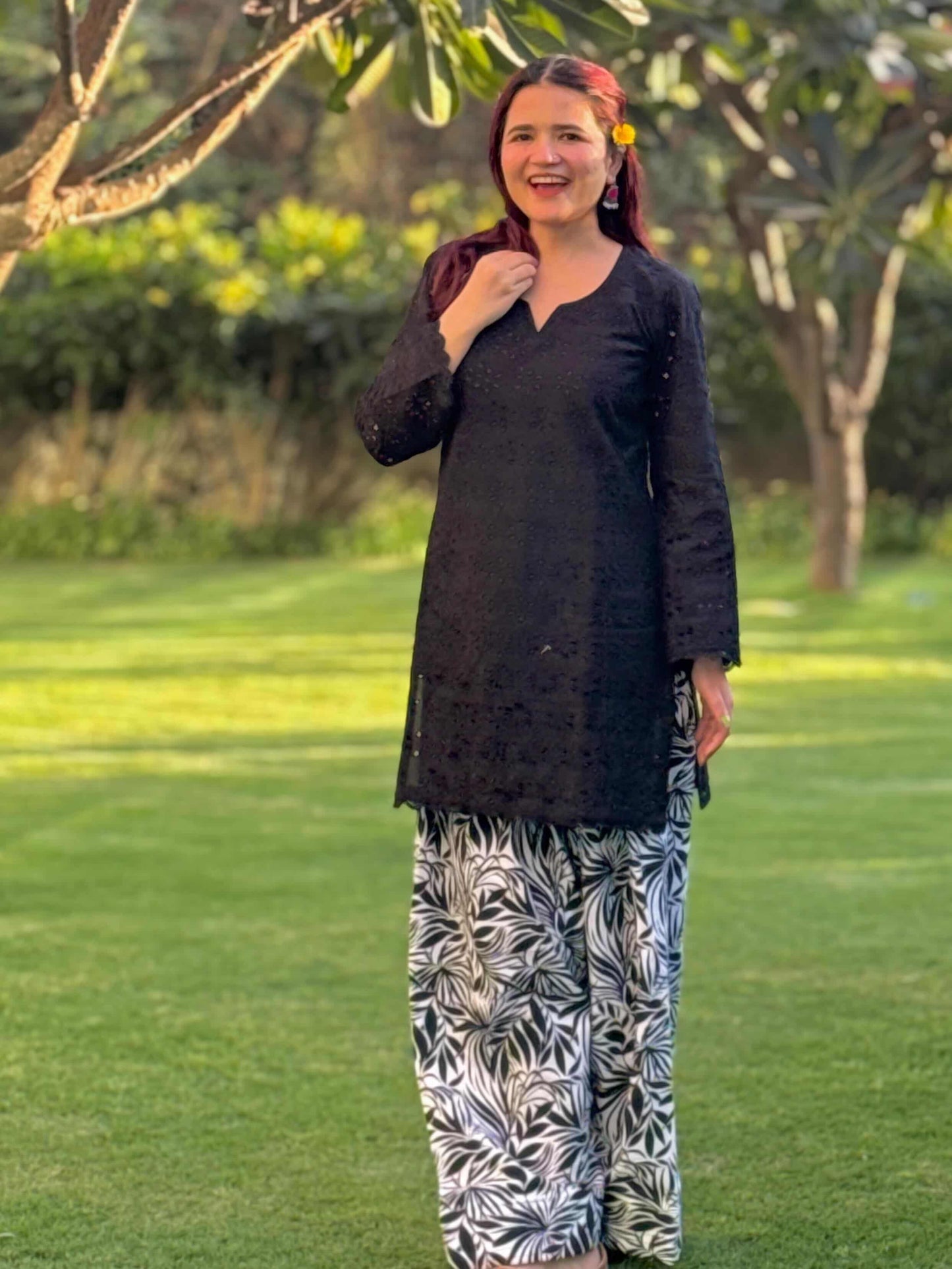 🖤 Farshi Suit – Black Hakoba Cotton Kurta with Printed Poplin Cotton Bottom