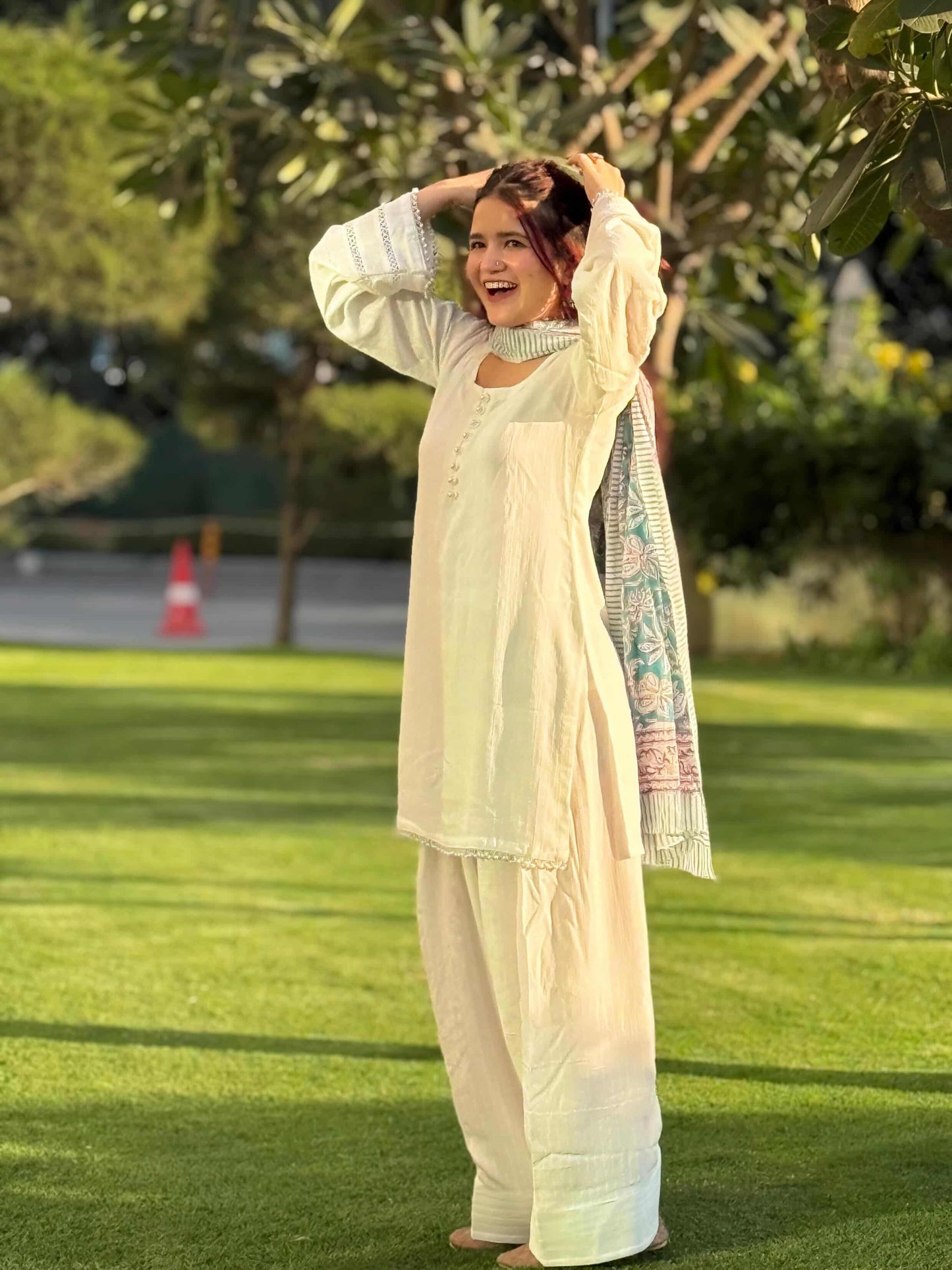 Off-White Lace Work Farshi Suit with Cotton Dupatta