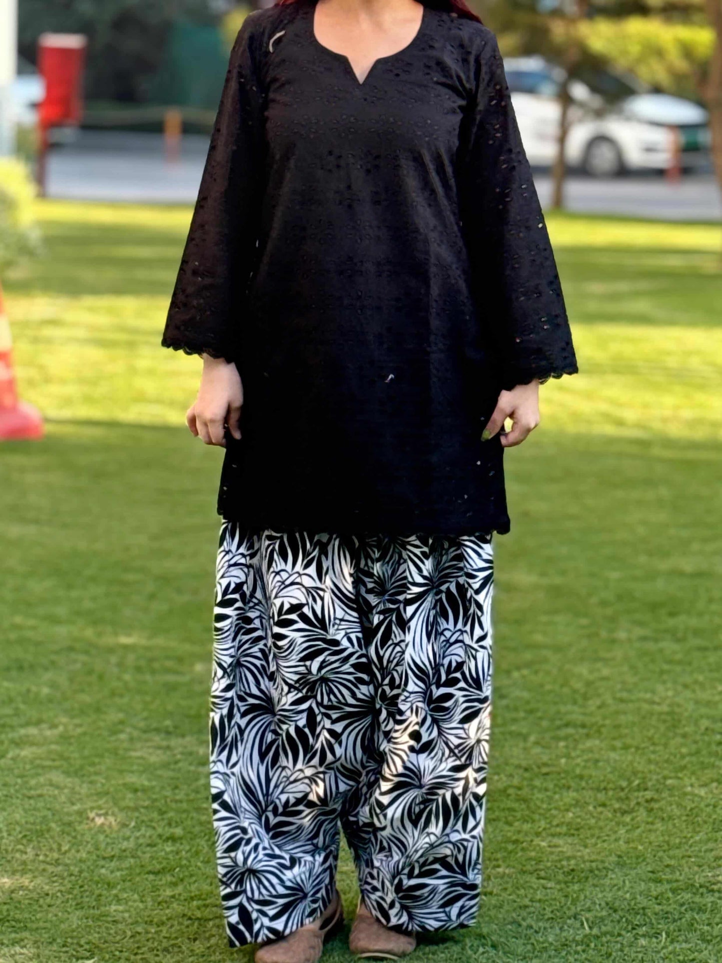 🖤 Farshi Suit – Black Hakoba Cotton Kurta with Printed Poplin Cotton Bottom