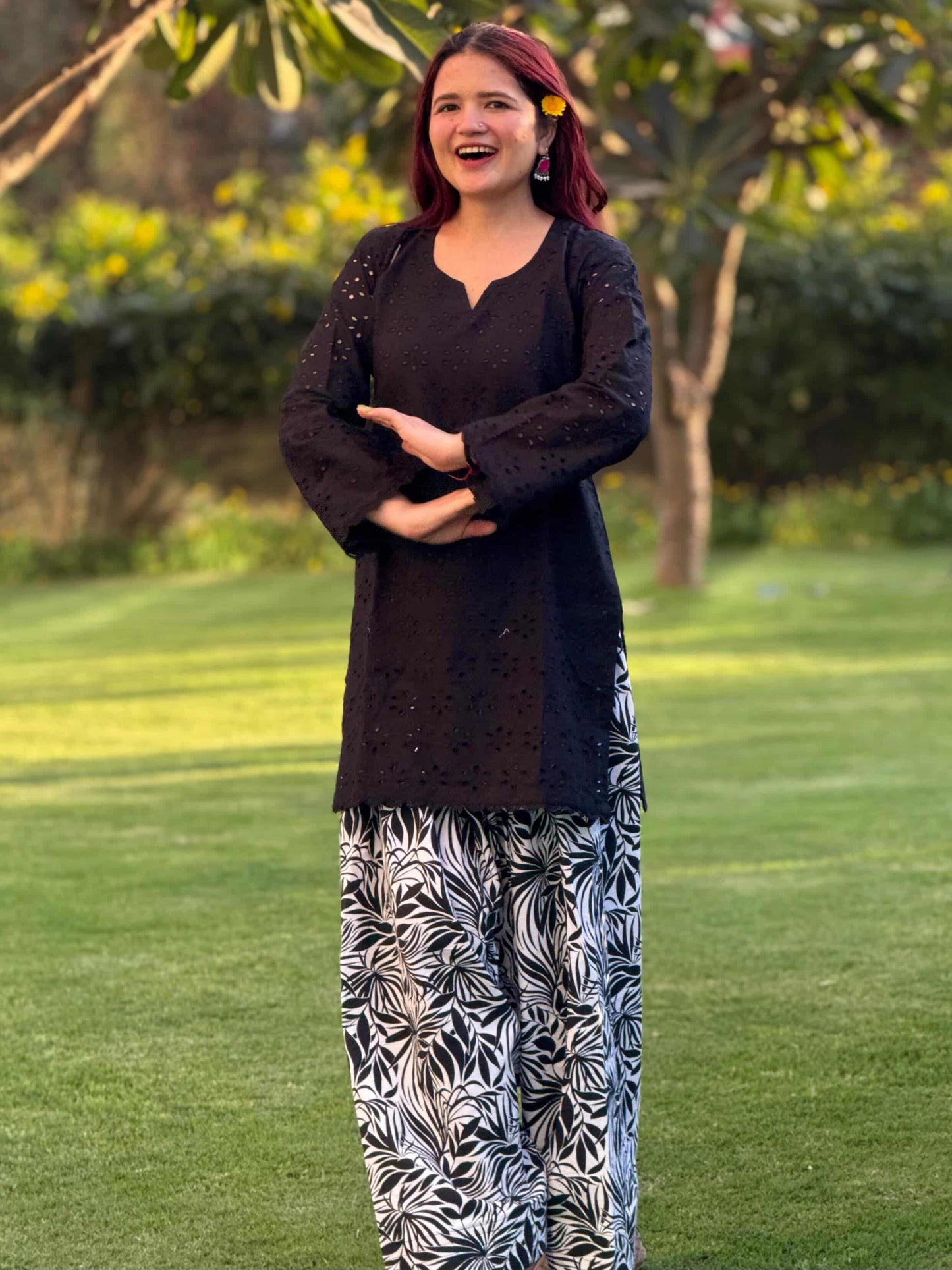 🖤 Farshi Suit – Black Hakoba Cotton Kurta with Printed Poplin Cotton Bottom