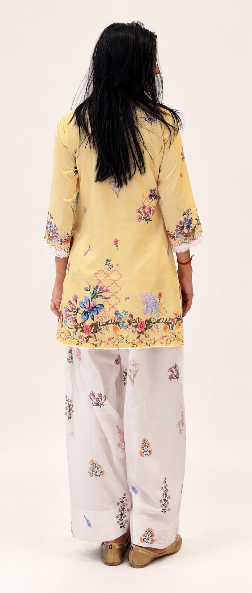 Pastel Yellow Floral Muslin Kurti with Printed Farshi Shalwar Set