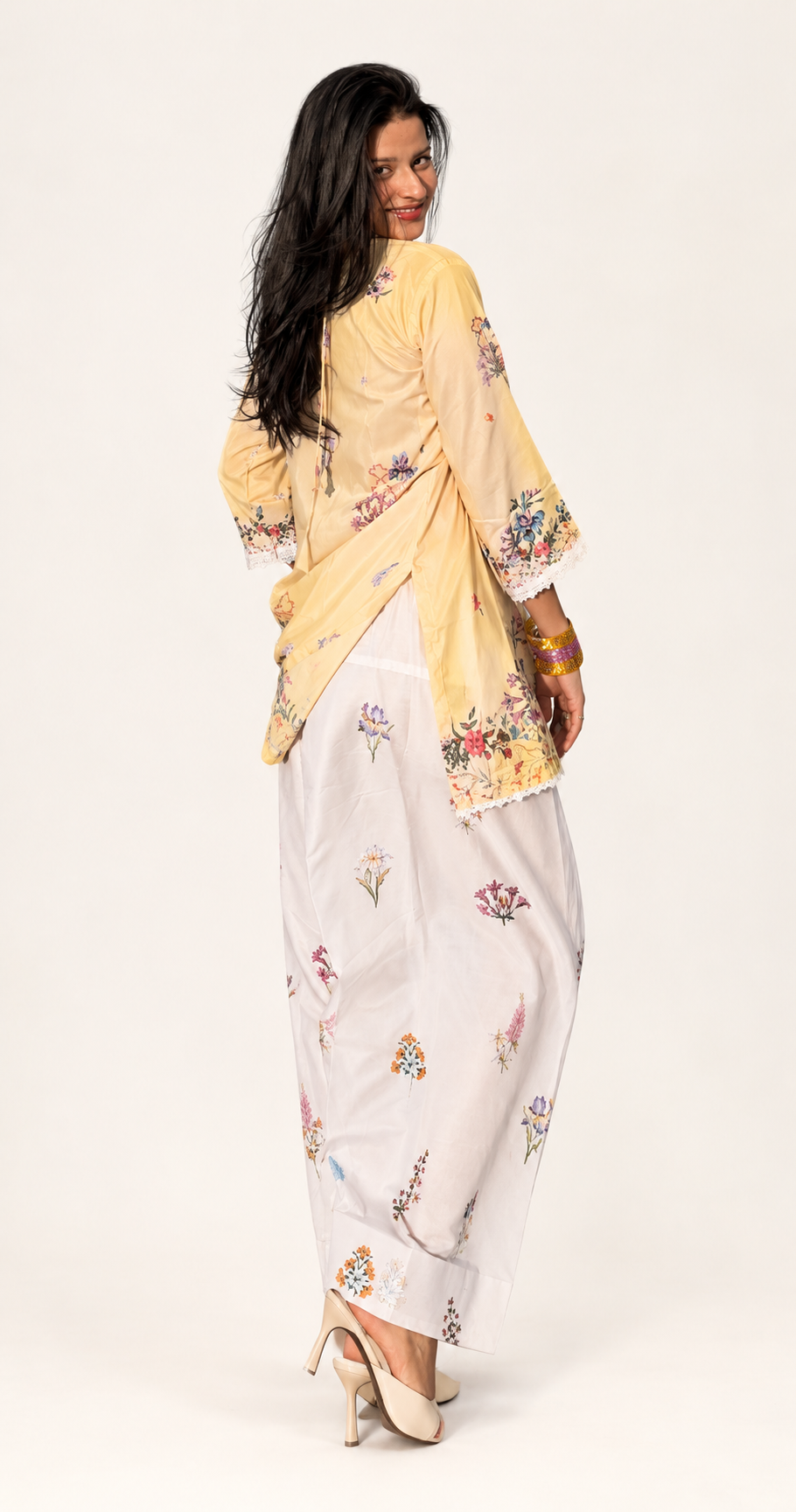 Pastel Yellow Floral Muslin Kurti with Printed Farshi Shalwar Set