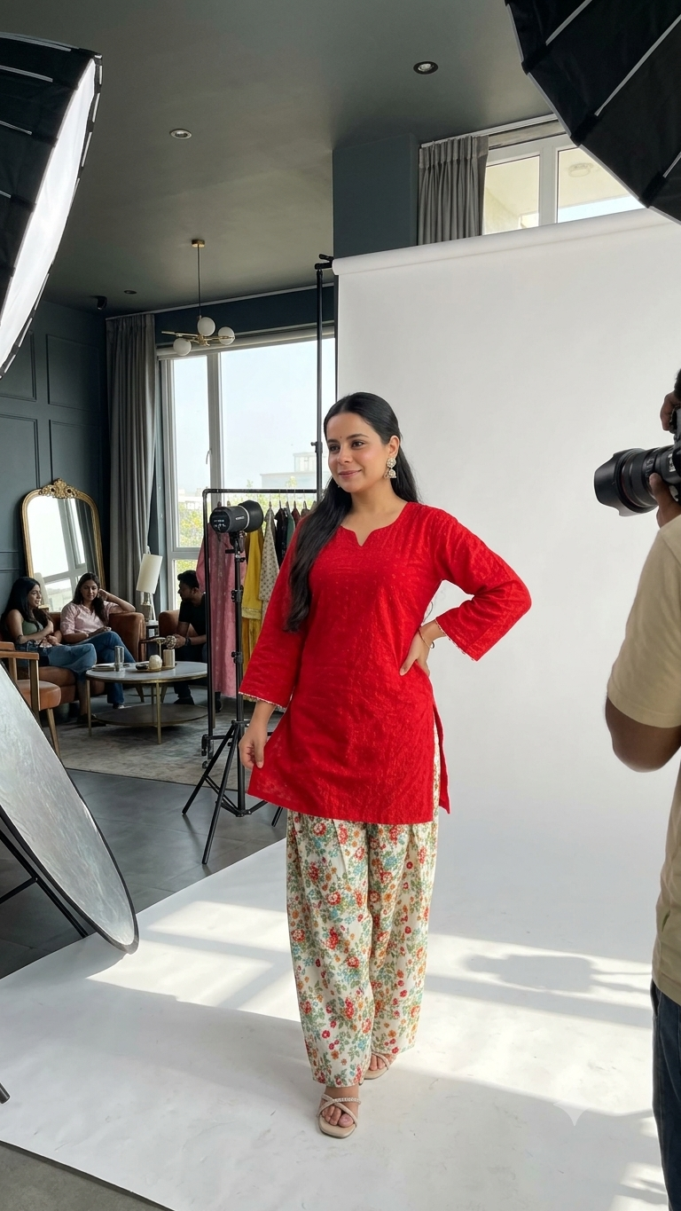 Pakistani Red Chikankari Kurta with Floral Farshi Shalwar