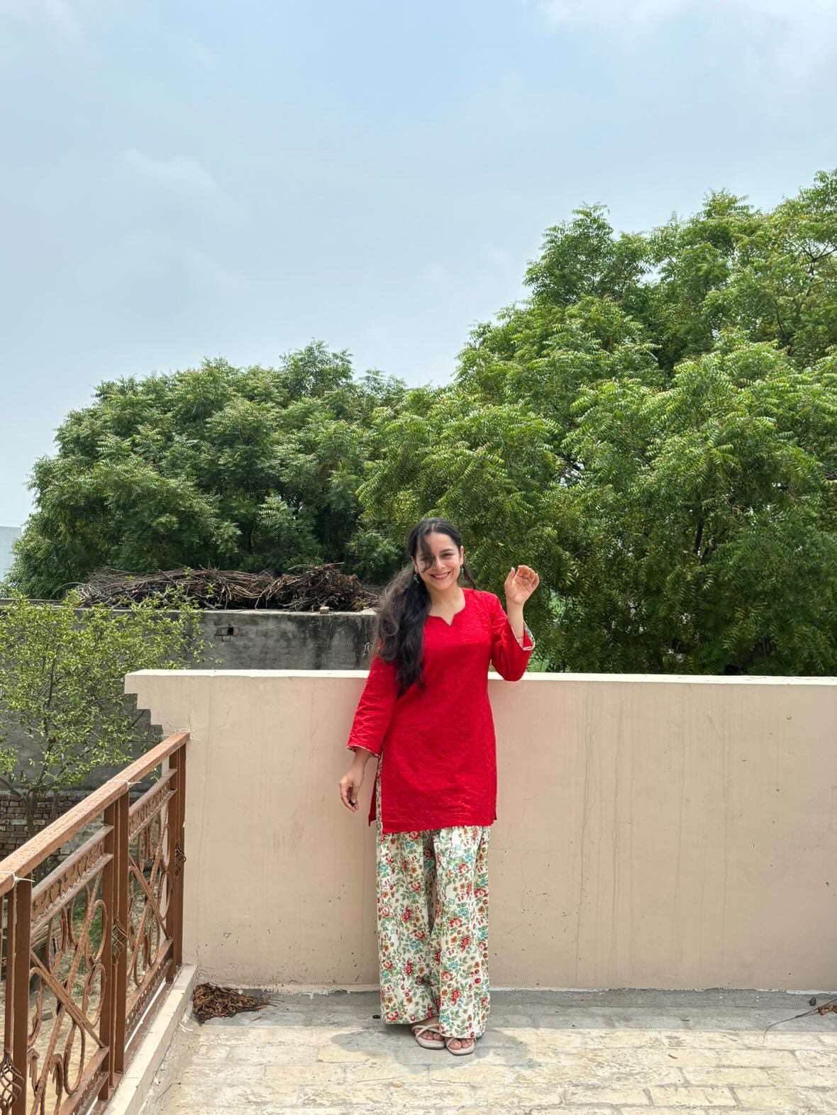 Pakistani Red Chikankari Kurta with Floral Farshi Shalwar