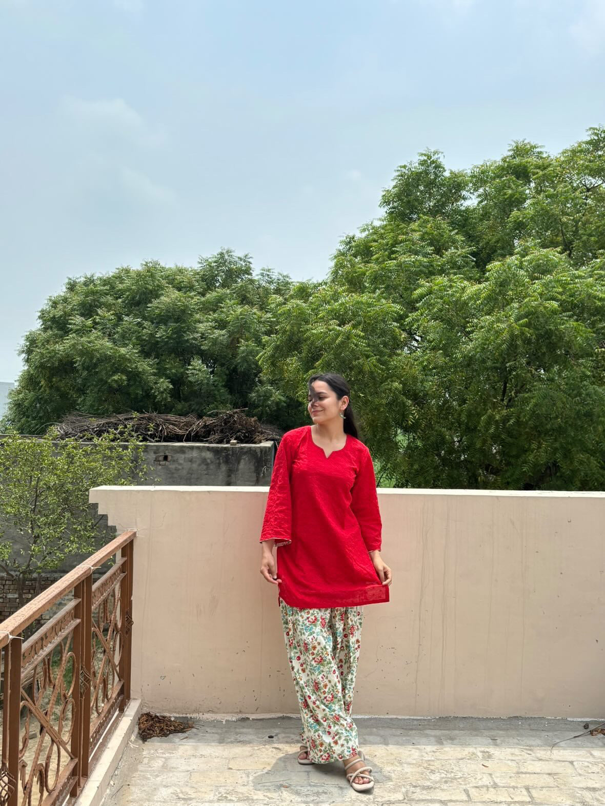 Pakistani Red Chikankari Kurta with Floral Farshi Shalwar