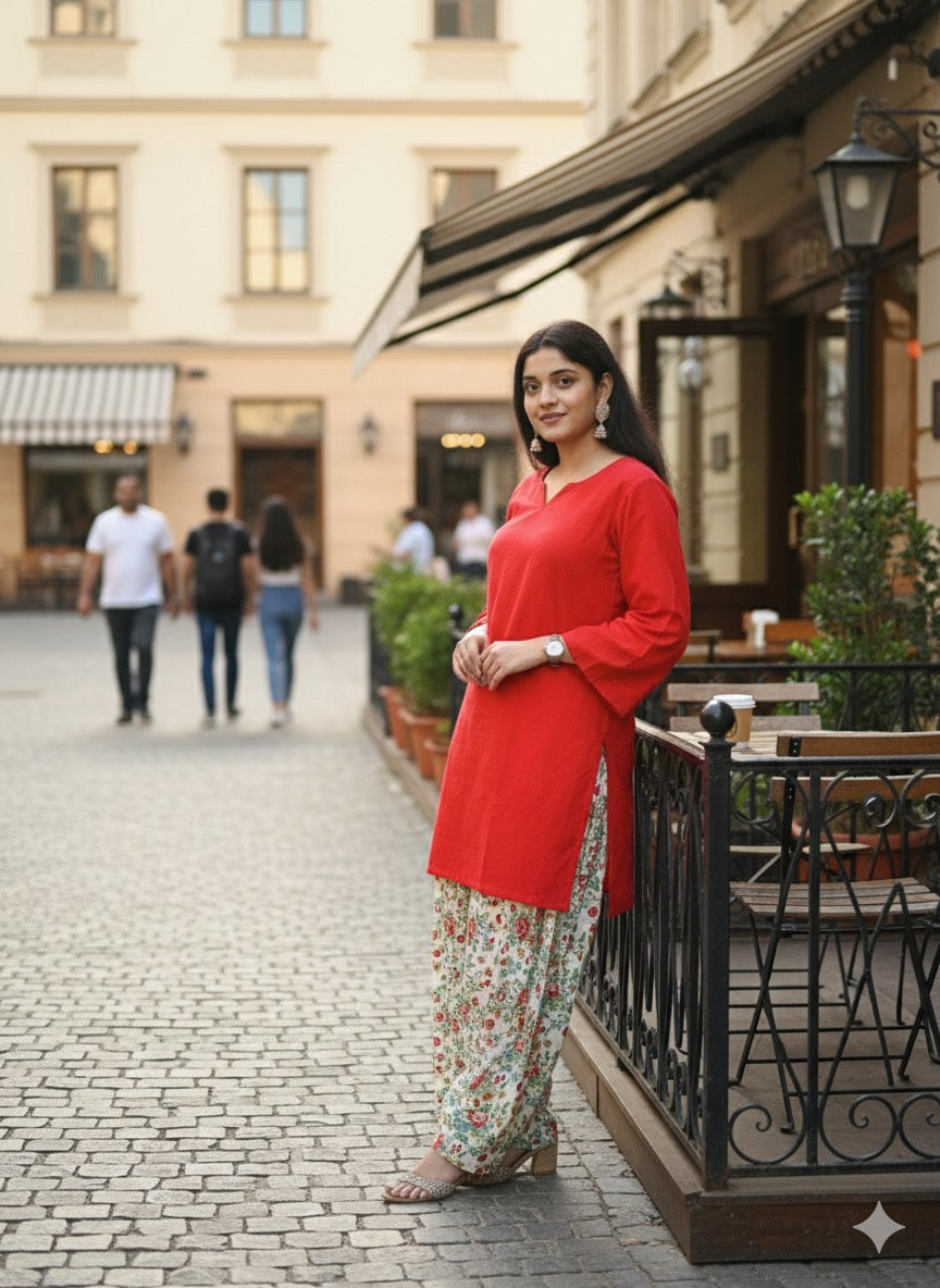 Pakistani Red Chikankari Kurta with Floral Farshi Shalwar