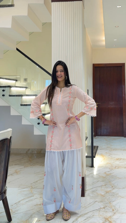 Pink Floral Embroidered Cotton Farshi Suit Set