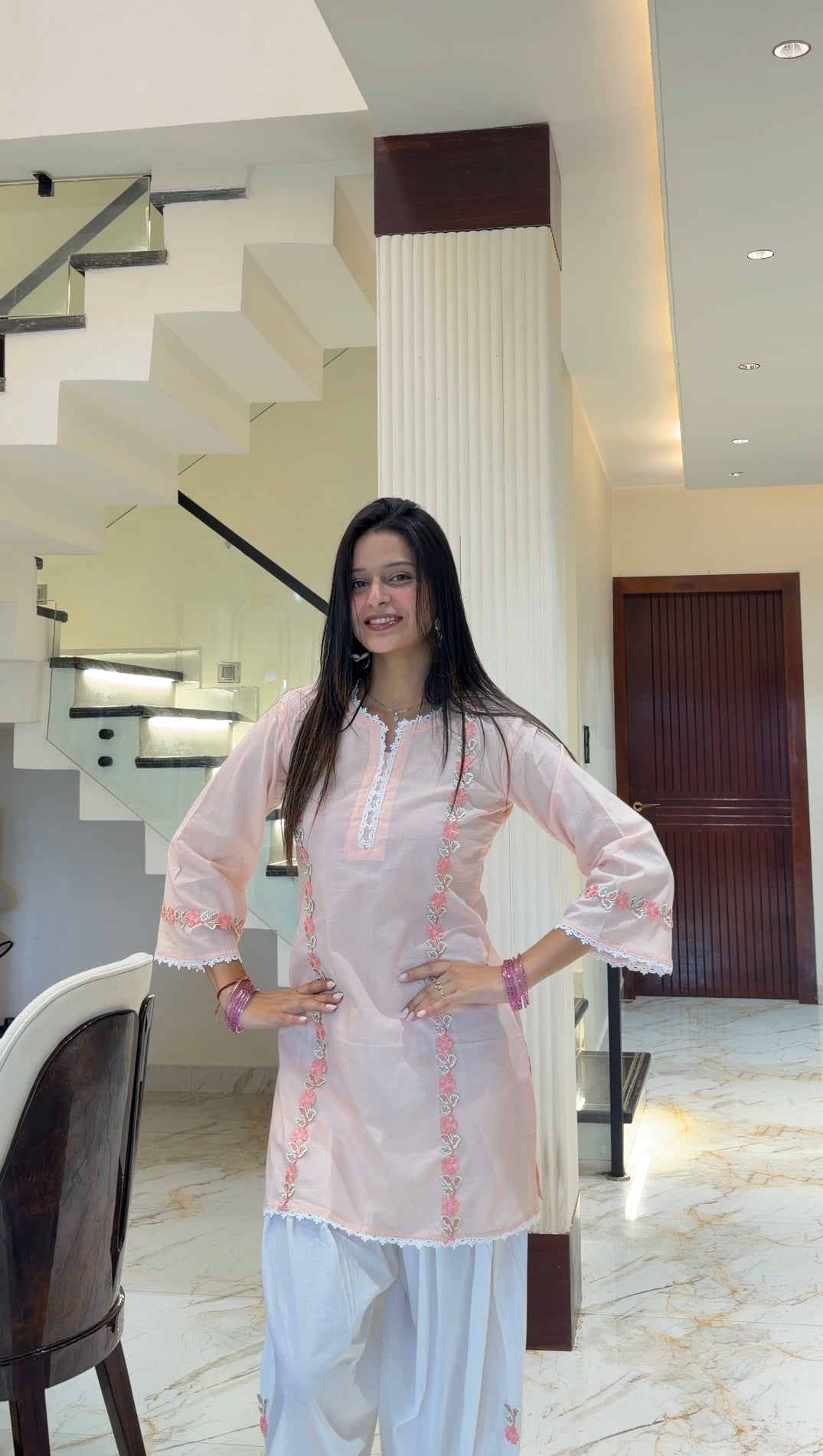 Pink Floral Embroidered Cotton Farshi Suit Set