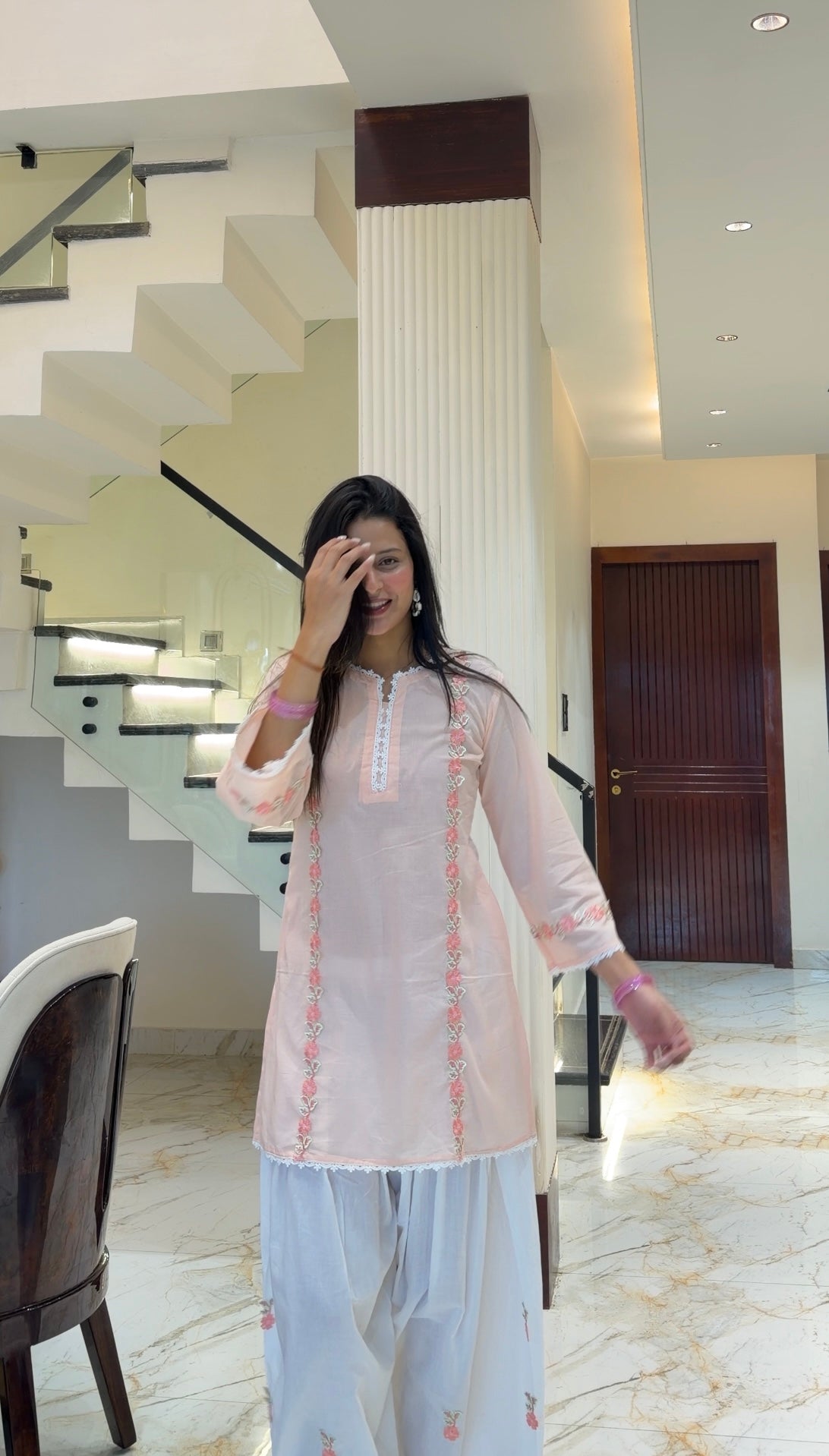 Pink Floral Embroidered Cotton Farshi Suit Set