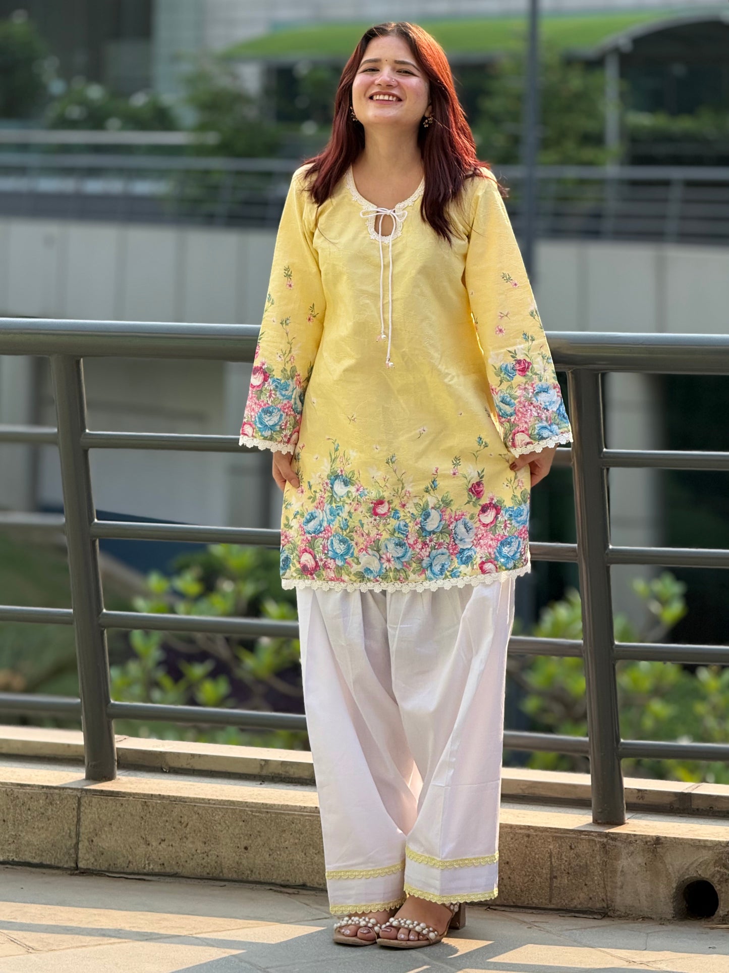 Lemon Sorbet Floral Cotton Jacquard Kurti & Farshi Shalwar Set | 2-Piece Ethnic Ensemble