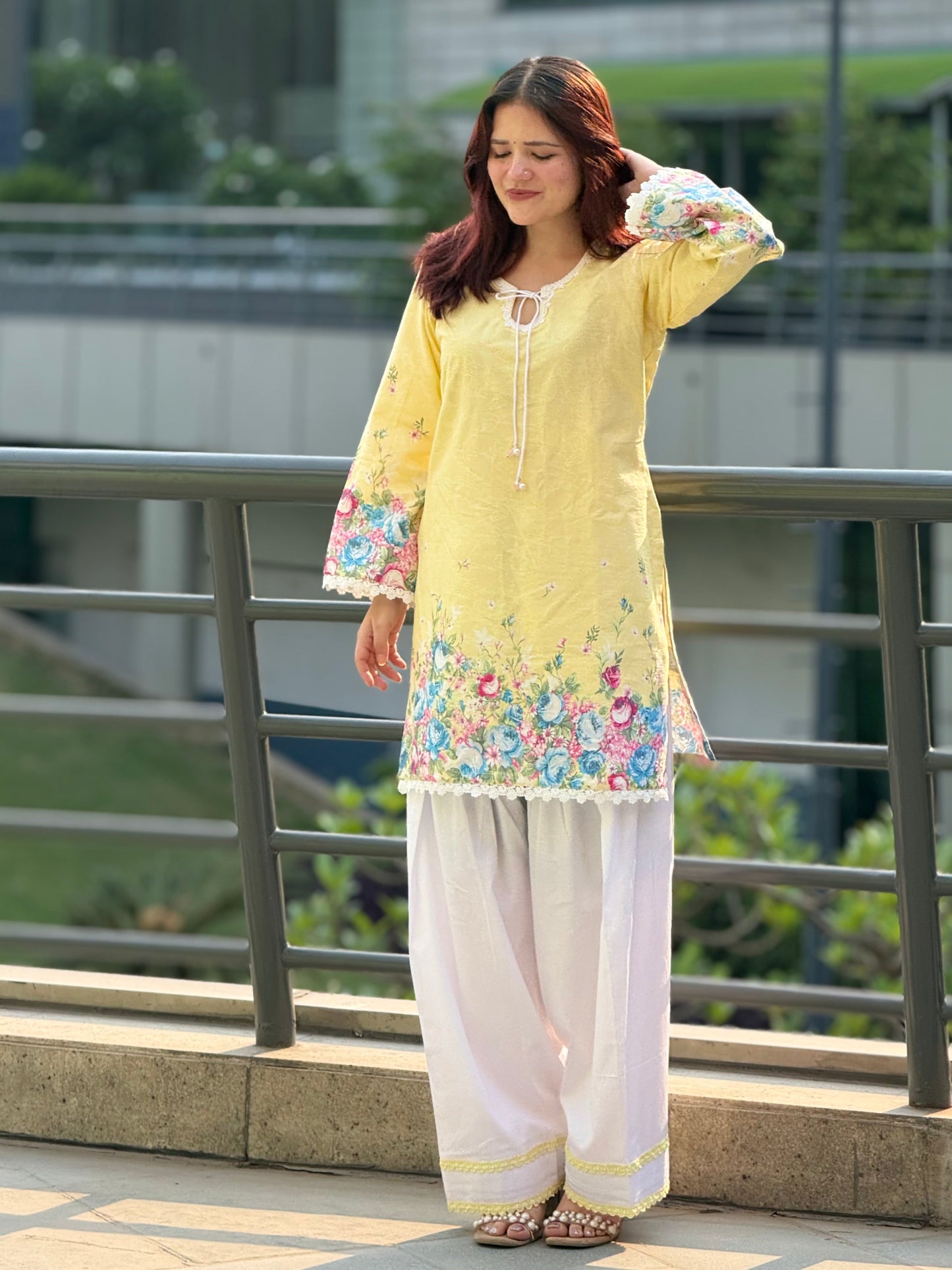 Lemon Sorbet Floral Cotton Jacquard Kurti & Farshi Shalwar Set | 2-Piece Ethnic Ensemble