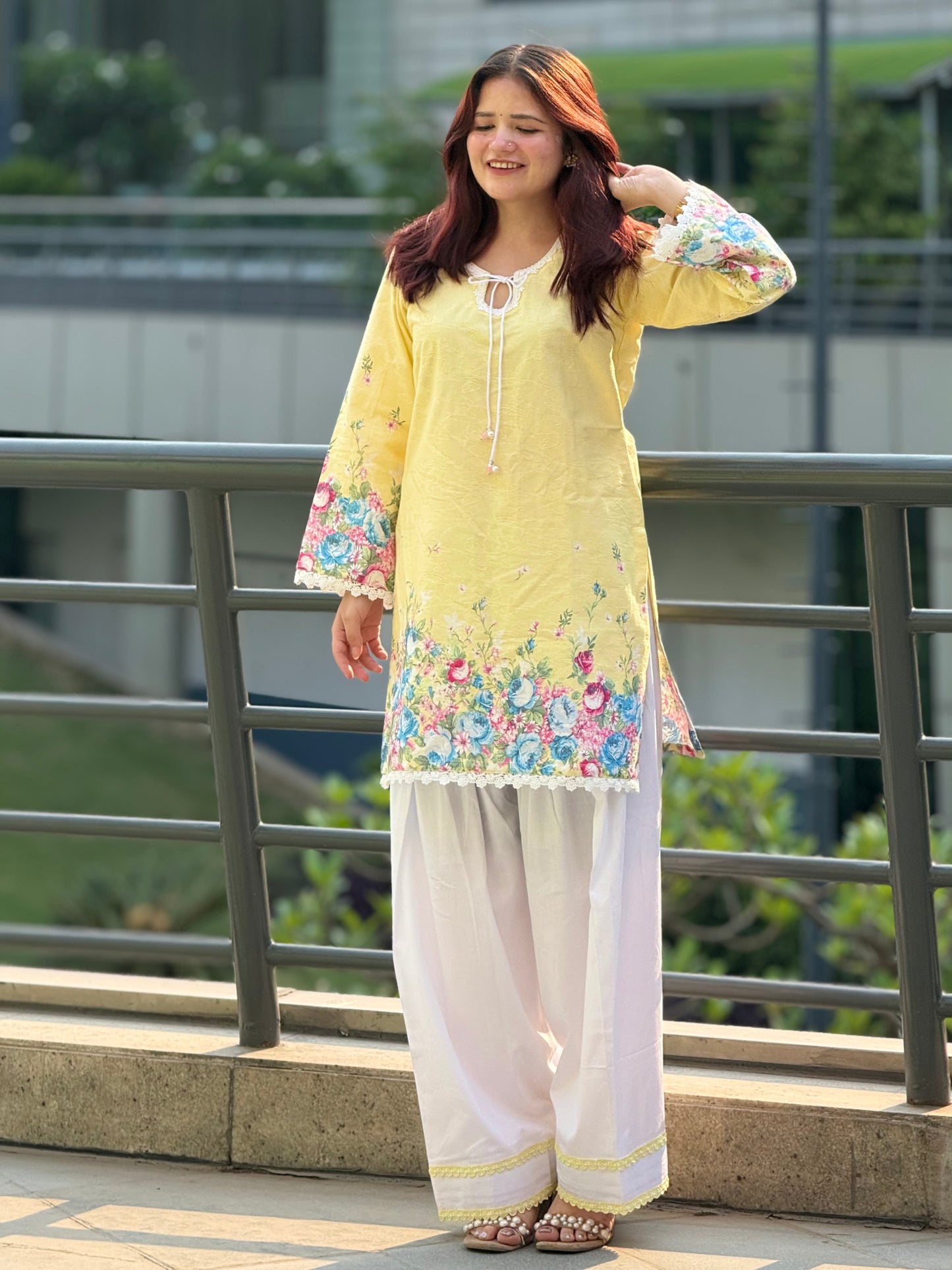 Lemon Sorbet Floral Cotton Jacquard Kurti & Farshi Shalwar Set | 2-Piece Ethnic Ensemble
