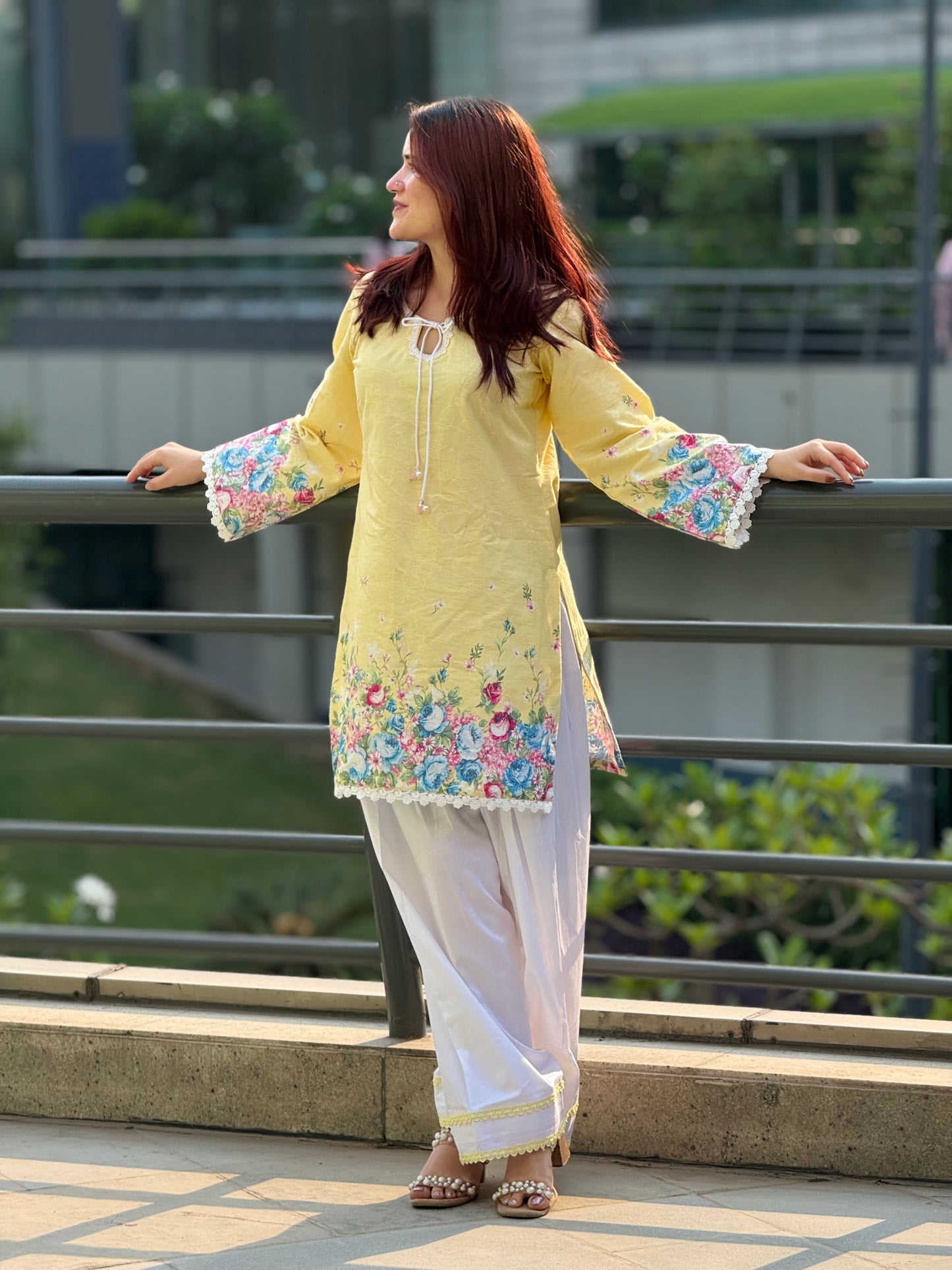 Lemon Sorbet Floral Cotton Jacquard Kurti & Farshi Shalwar Set | 2-Piece Ethnic Ensemble