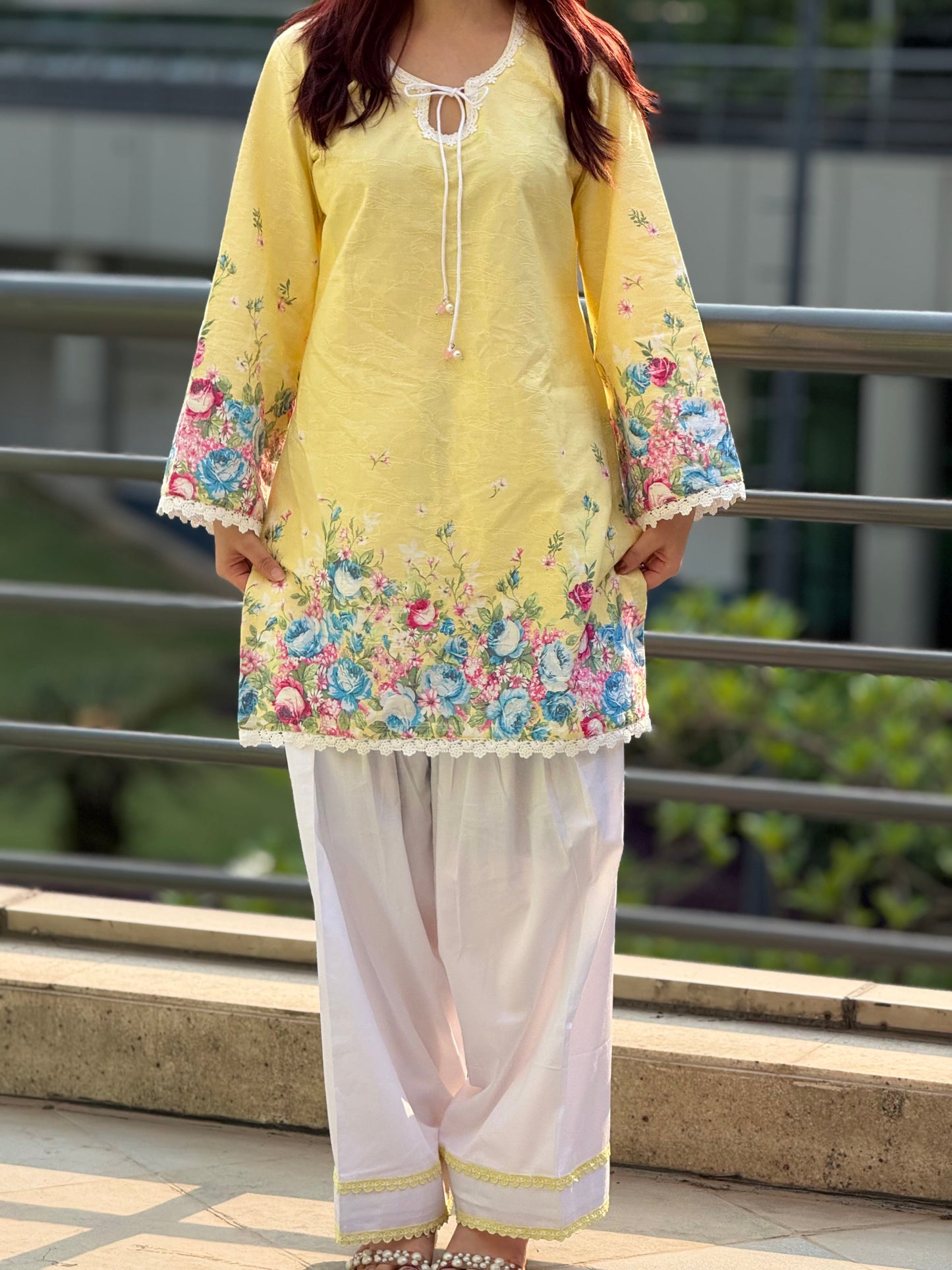 Lemon Sorbet Floral Cotton Jacquard Kurti & Farshi Shalwar Set | 2-Piece Ethnic Ensemble