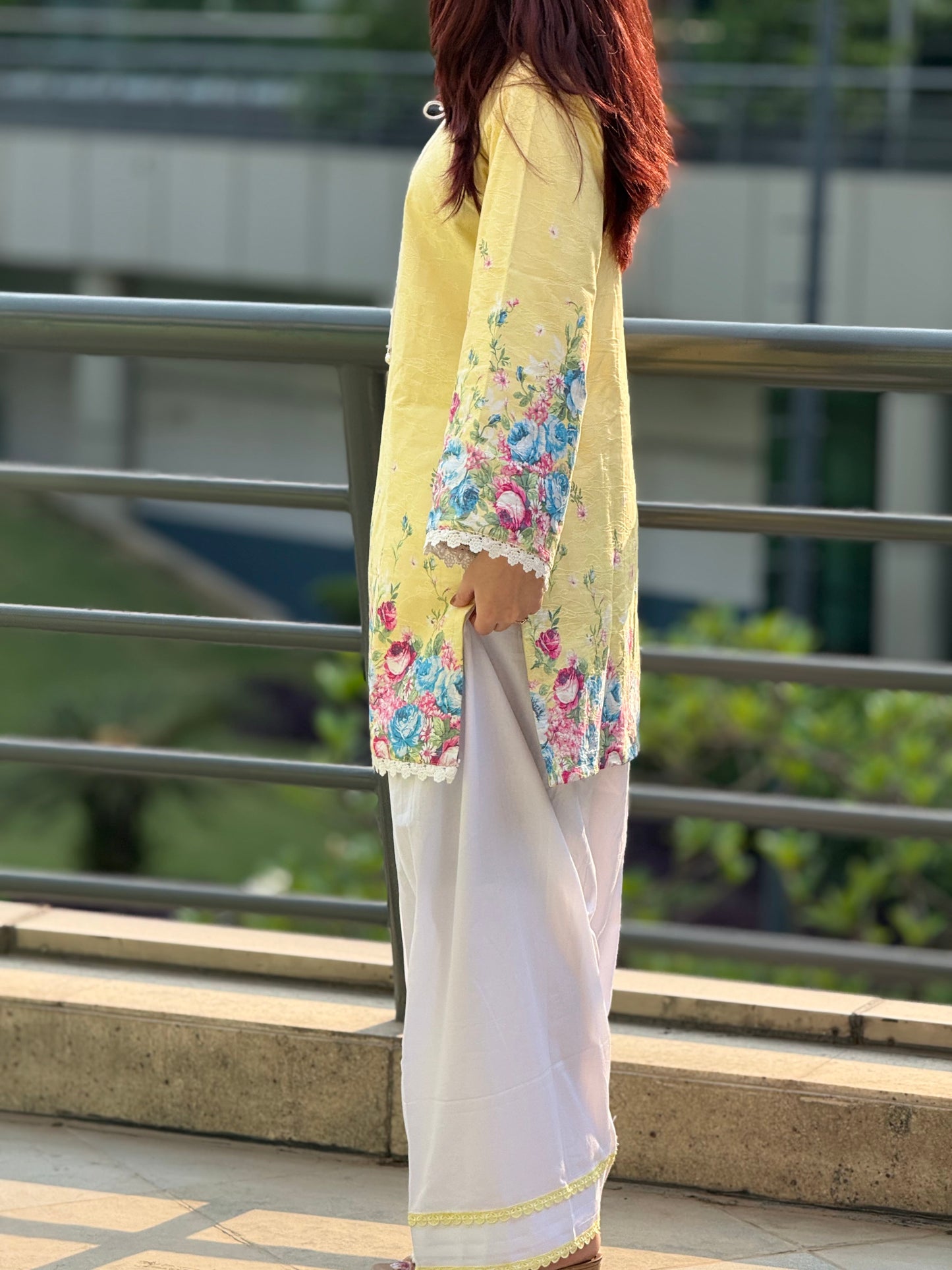 Lemon Sorbet Floral Cotton Jacquard Kurti & Farshi Shalwar Set | 2-Piece Ethnic Ensemble