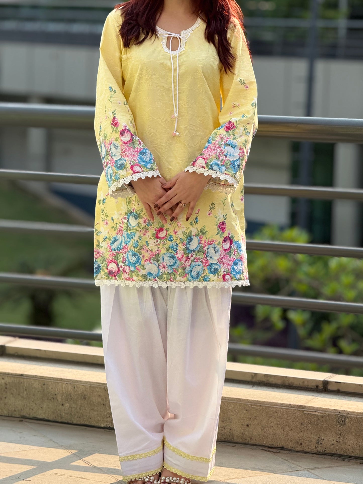 Lemon Sorbet Floral Cotton Jacquard Kurti & Farshi Shalwar Set | 2-Piece Ethnic Ensemble