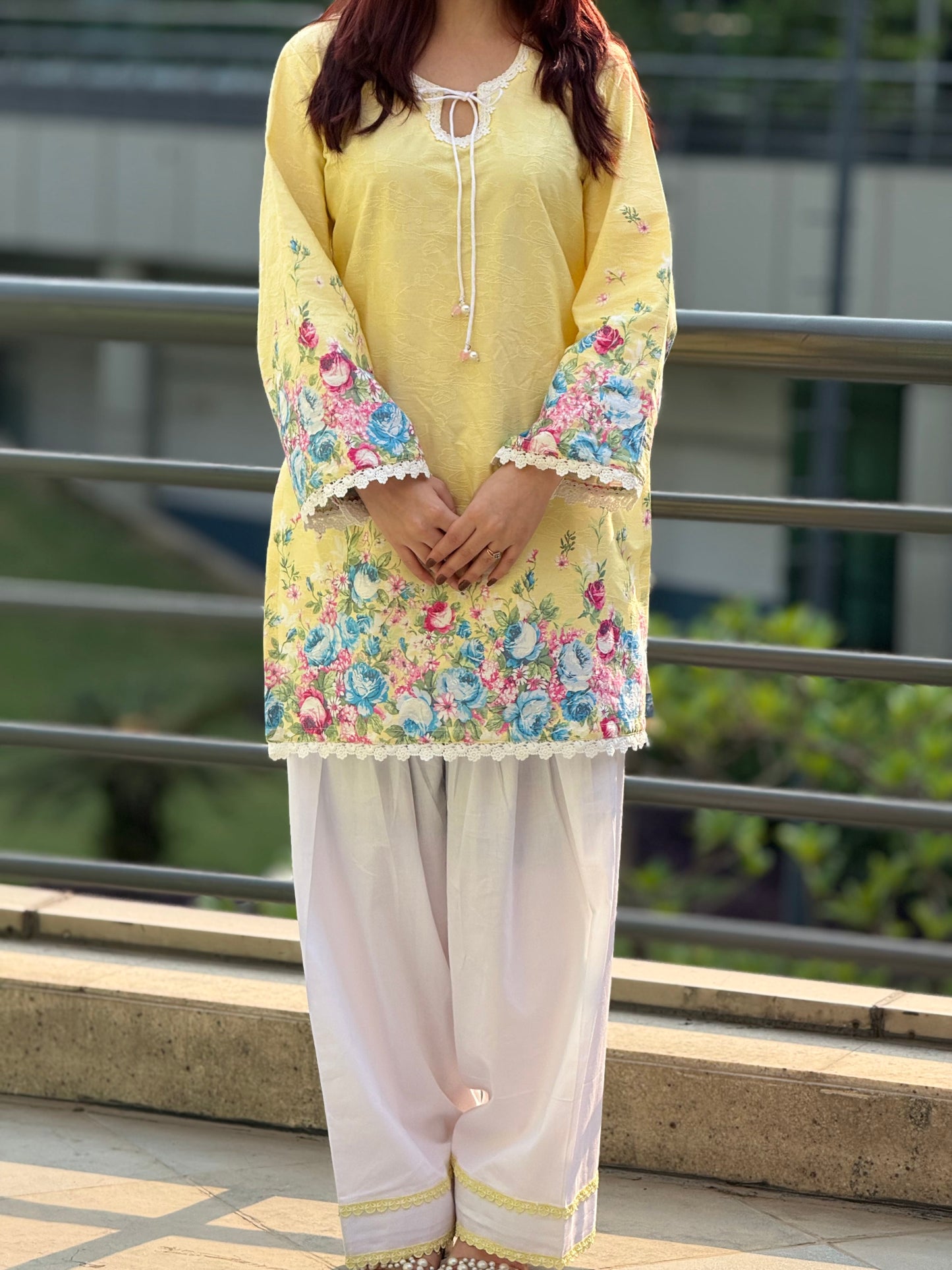 Lemon Sorbet Floral Cotton Jacquard Kurti & Farshi Shalwar Set | 2-Piece Ethnic Ensemble