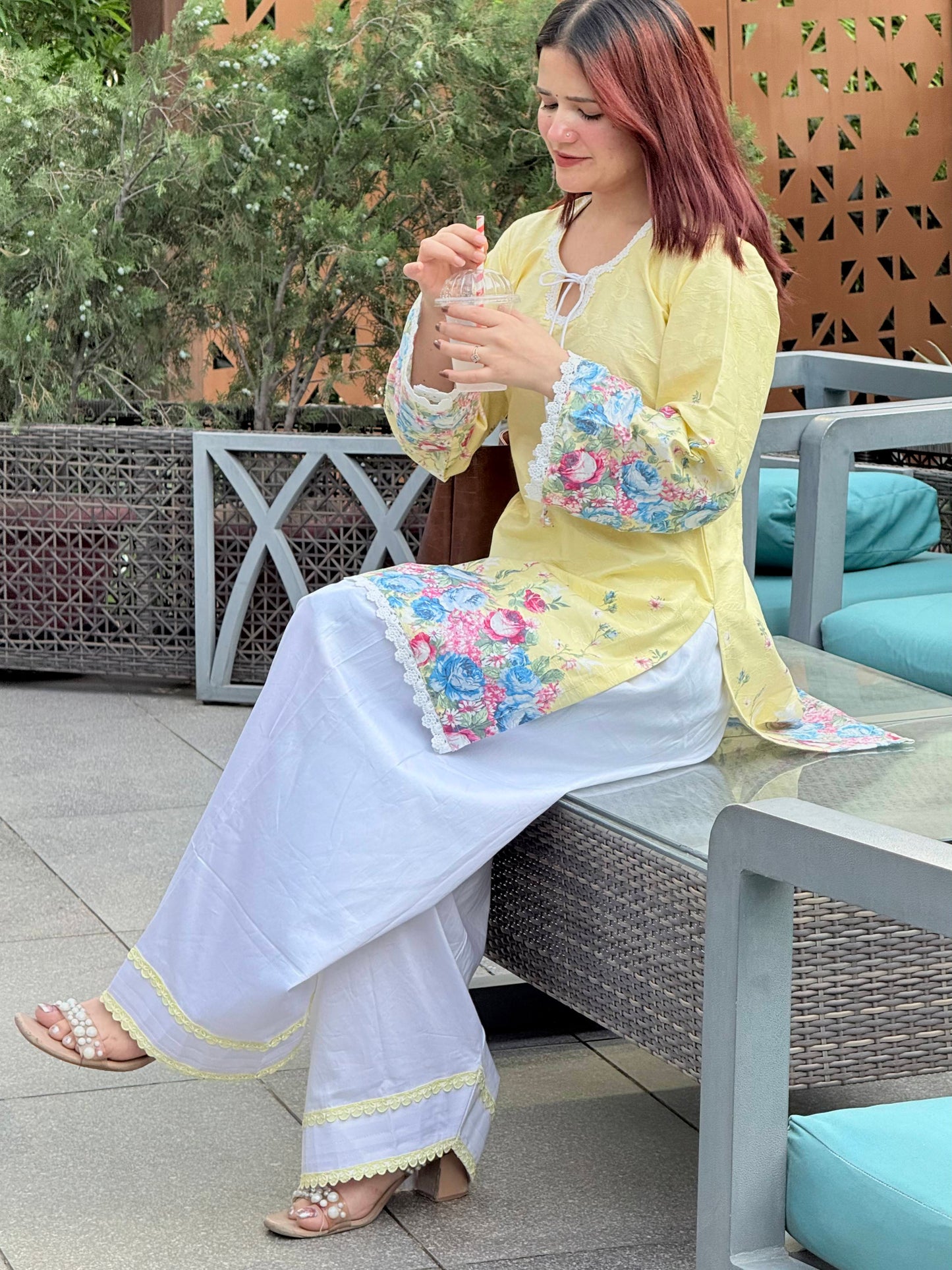 Lemon Sorbet Floral Cotton Jacquard Kurti & Farshi Shalwar Set | 2-Piece Ethnic Ensemble