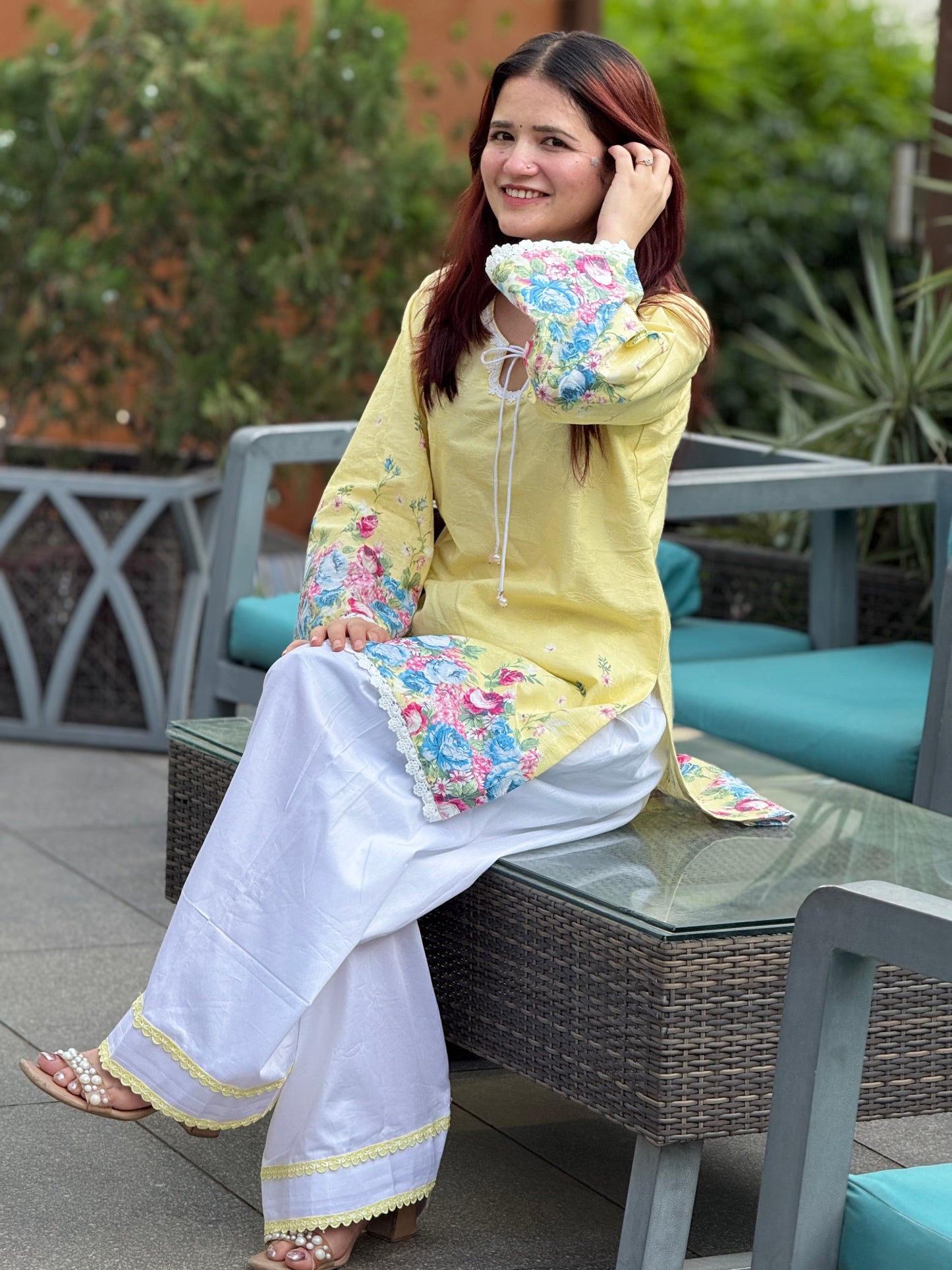 Lemon Sorbet Floral Cotton Jacquard Kurti & Farshi Shalwar Set | 2-Piece Ethnic Ensemble