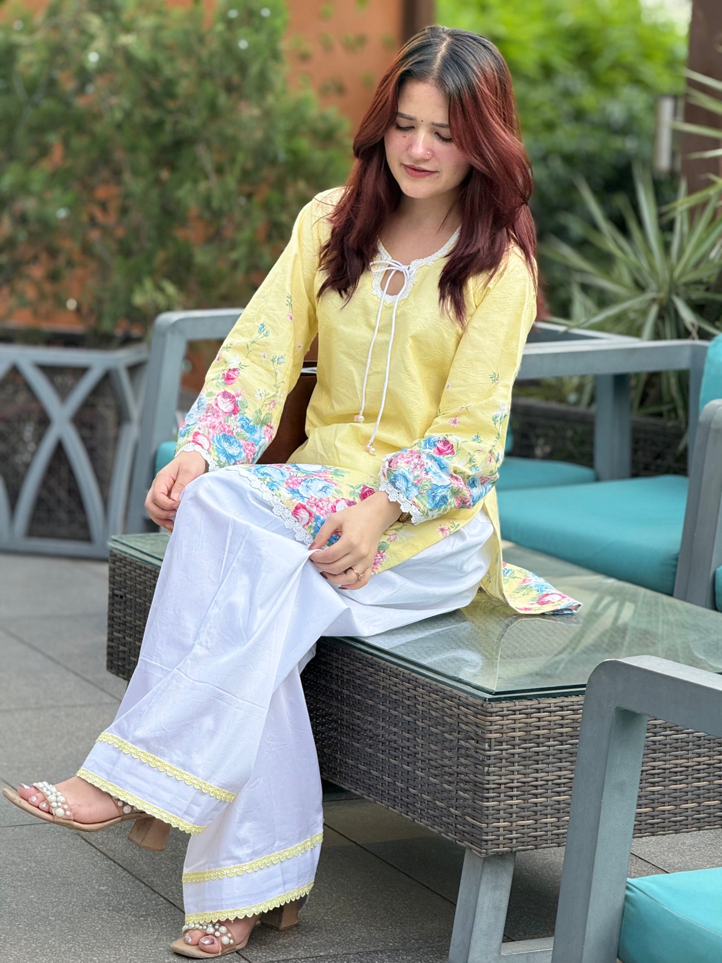 Lemon Sorbet Floral Cotton Jacquard Kurti & Farshi Shalwar Set | 2-Piece Ethnic Ensemble