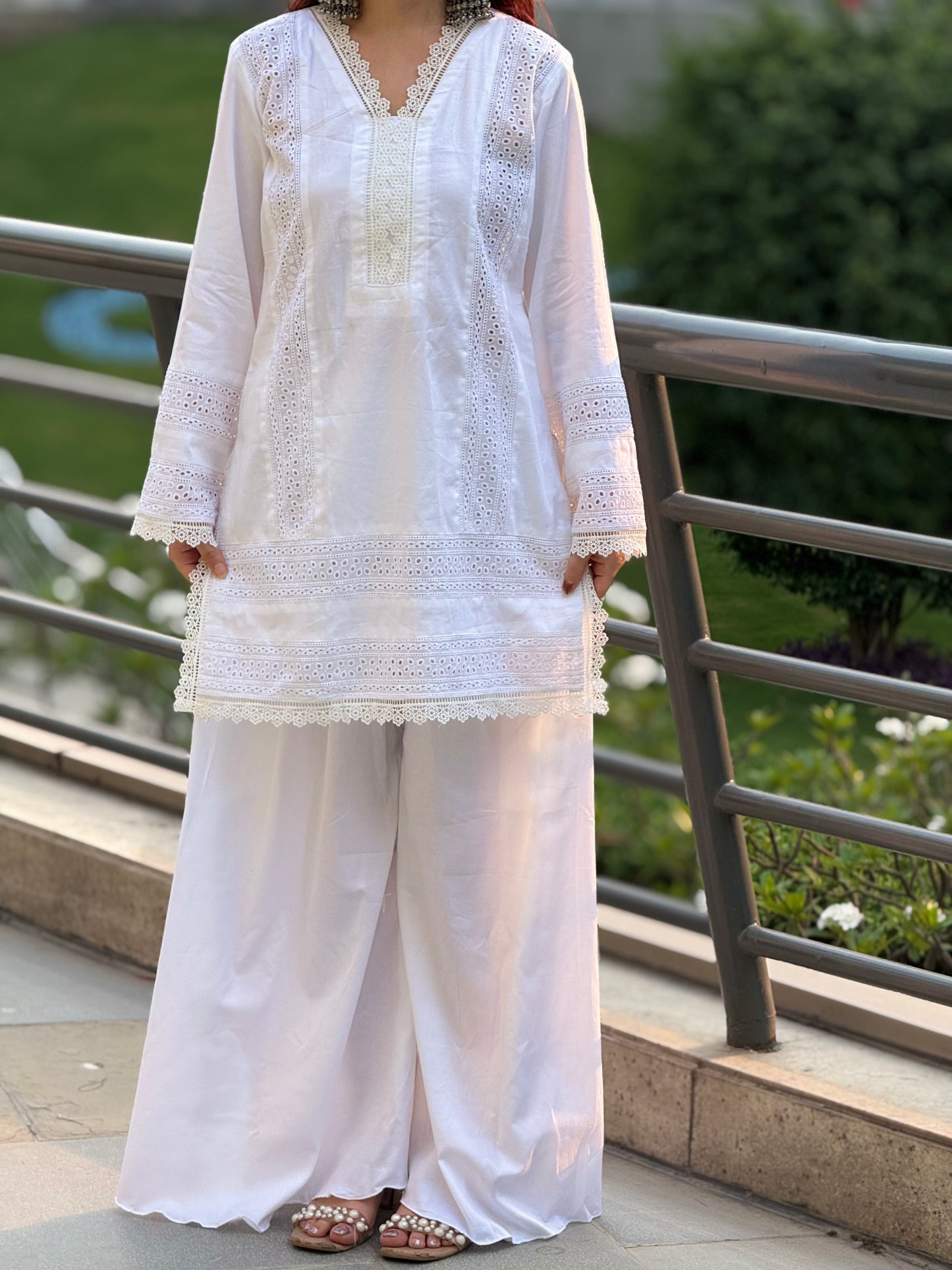 Pristine White Cotton Cambric Suit with Intricate Lace Detailing – 2 Piece Set