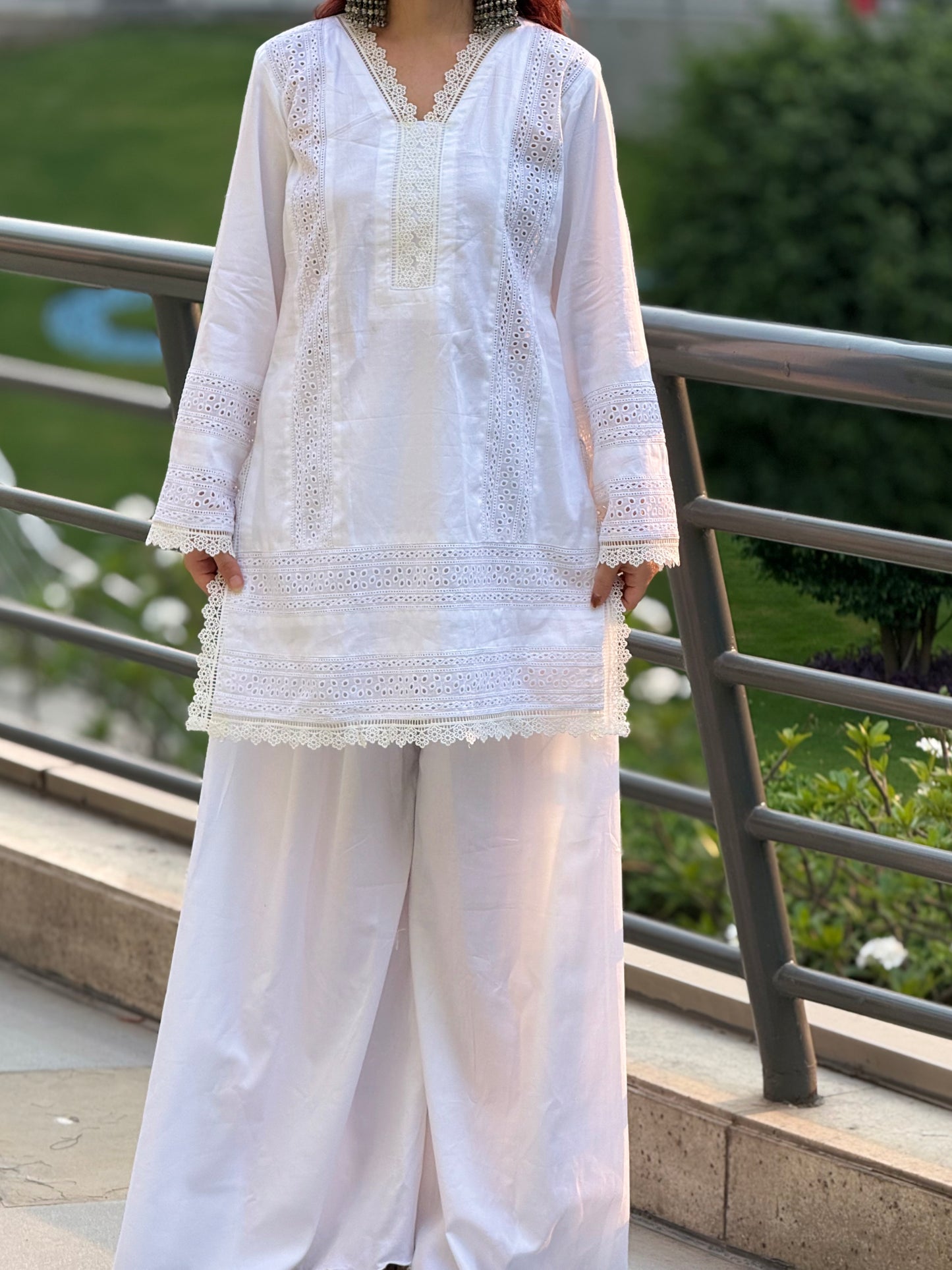 Pristine White Cotton Cambric Suit with Intricate Lace Detailing – 2 Piece Set