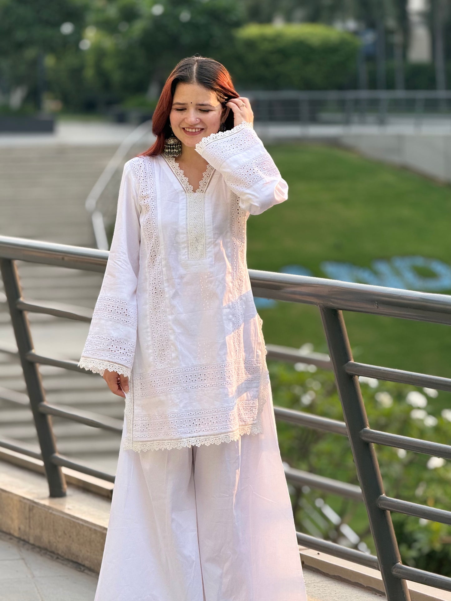 Pristine White Cotton Cambric Suit with Intricate Lace Detailing – 2 Piece Set
