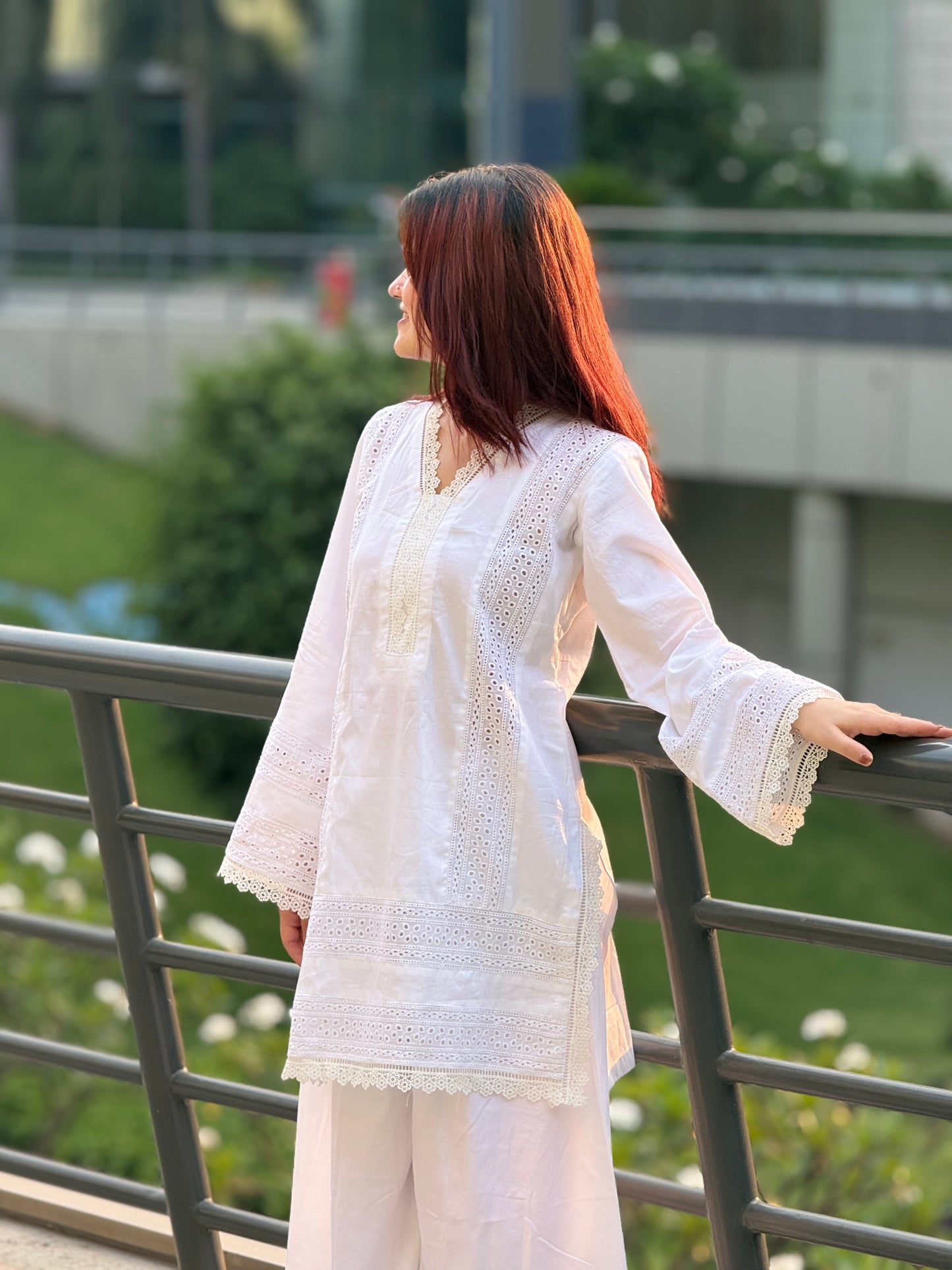 Pristine White Cotton Cambric Suit with Intricate Lace Detailing – 2 Piece Set