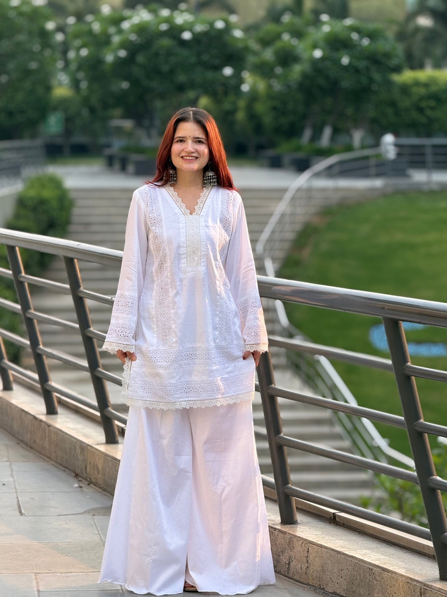 Pristine White Cotton Cambric Suit with Intricate Lace Detailing – 2 Piece Set