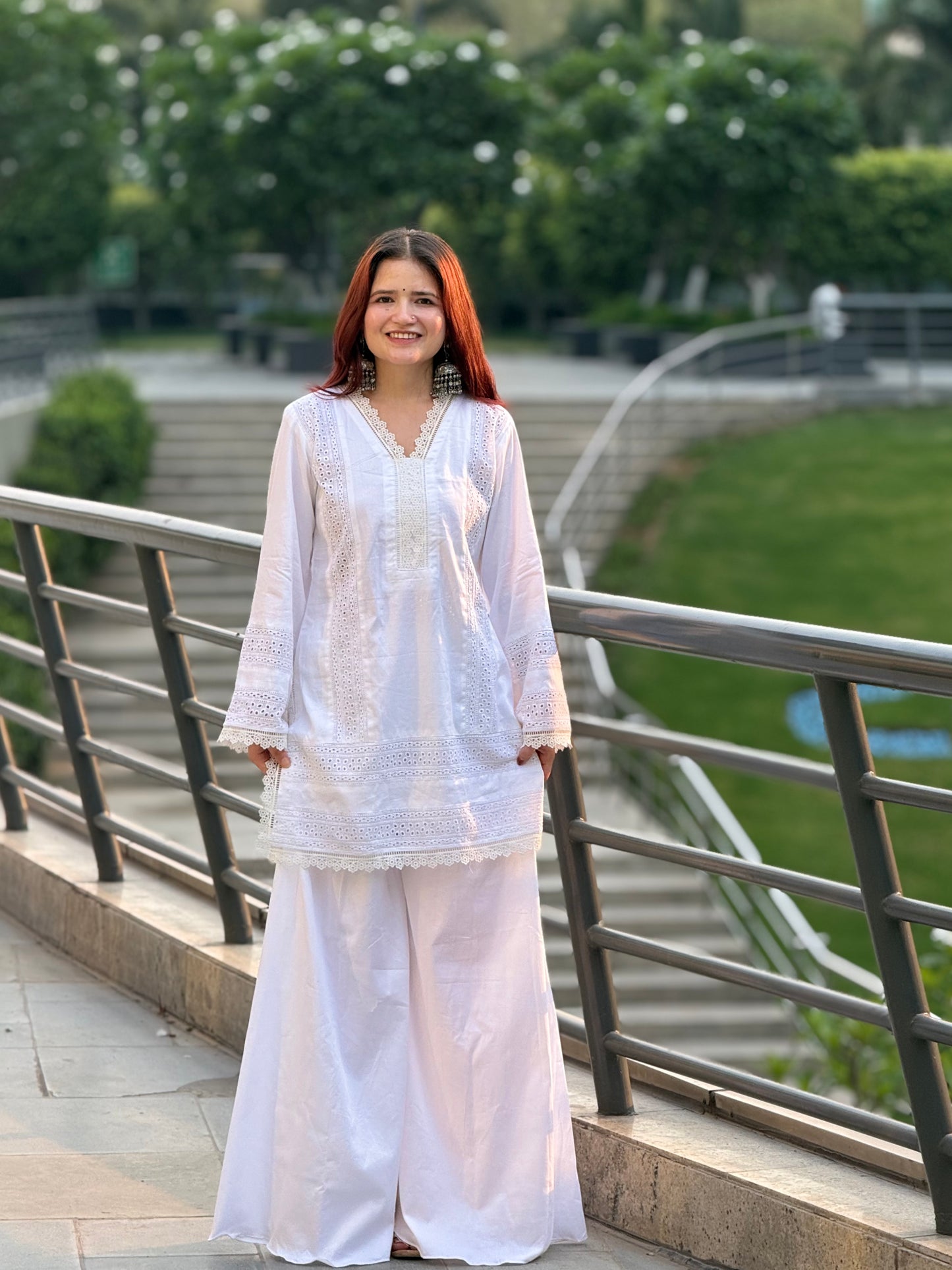 Pristine White Cotton Cambric Suit with Intricate Lace Detailing – 2 Piece Set