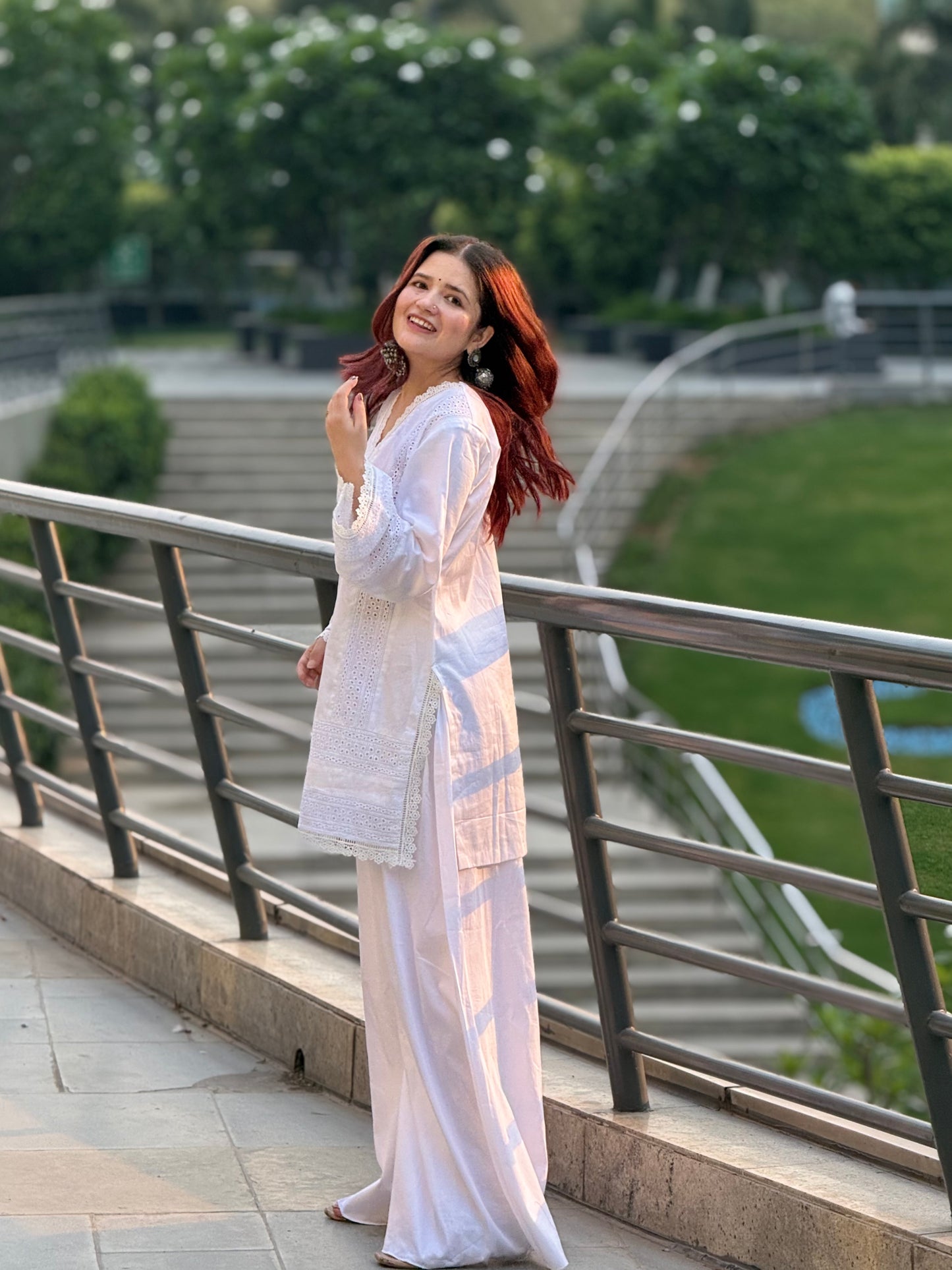 Pristine White Cotton Cambric Suit with Intricate Lace Detailing – 2 Piece Set
