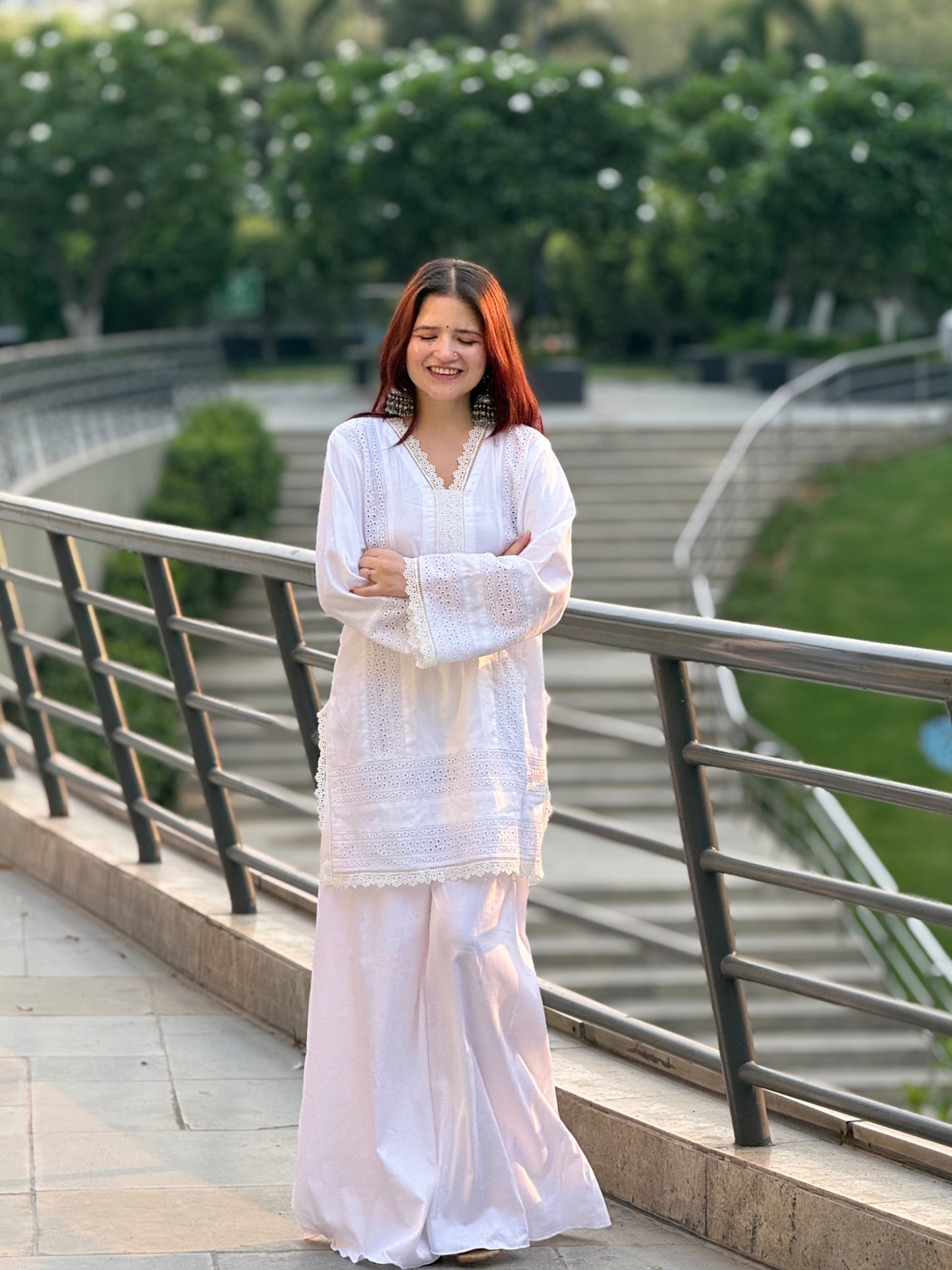 Pristine White Cotton Cambric Suit with Intricate Lace Detailing – 2 Piece Set