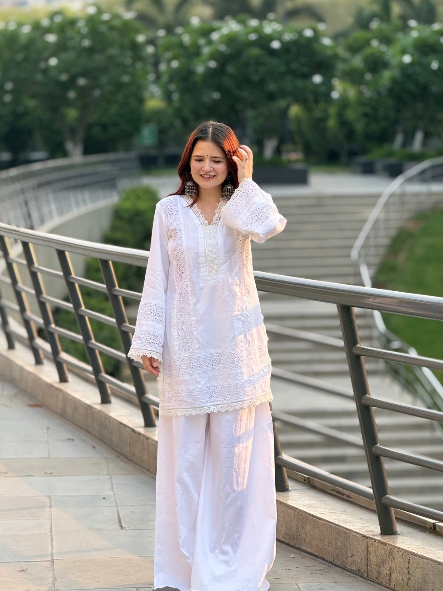 Pristine White Cotton Cambric Suit with Intricate Lace Detailing – 2 Piece Set