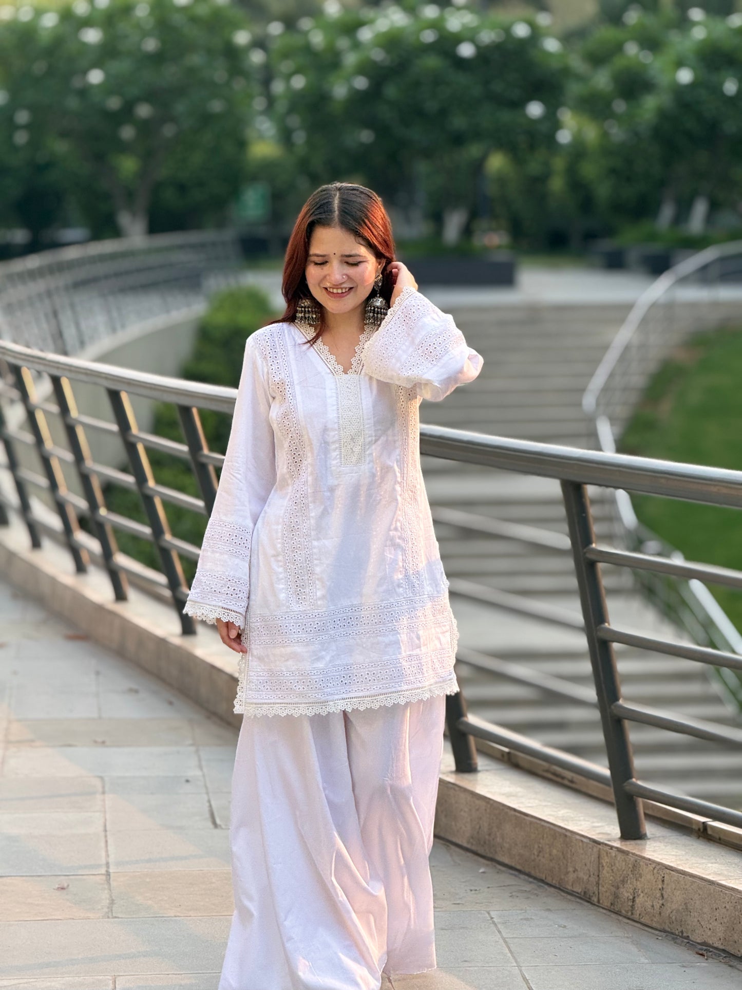 Pristine White Cotton Cambric Suit with Intricate Lace Detailing – 2 Piece Set