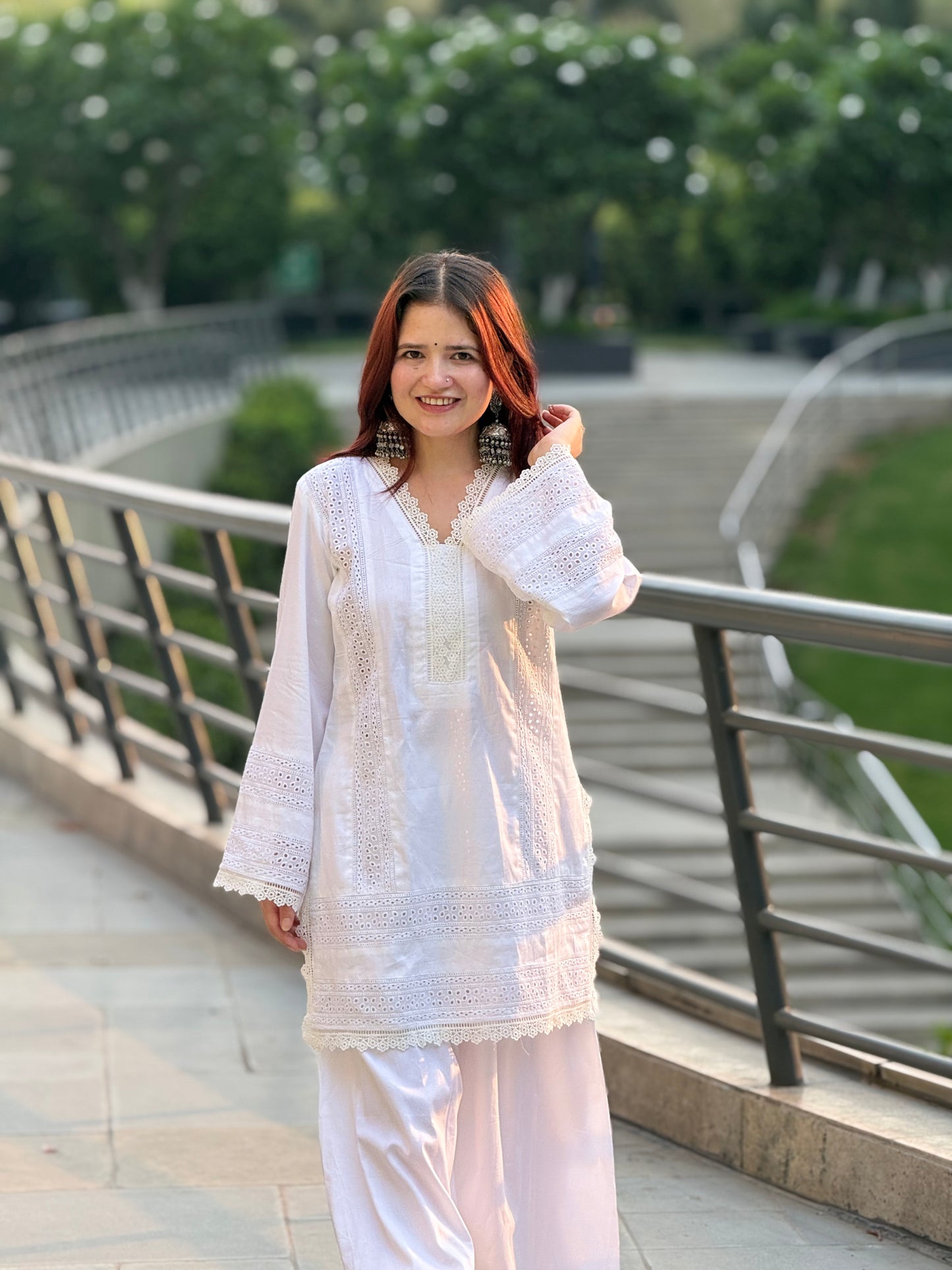 Pristine White Cotton Cambric Suit with Intricate Lace Detailing – 2 Piece Set