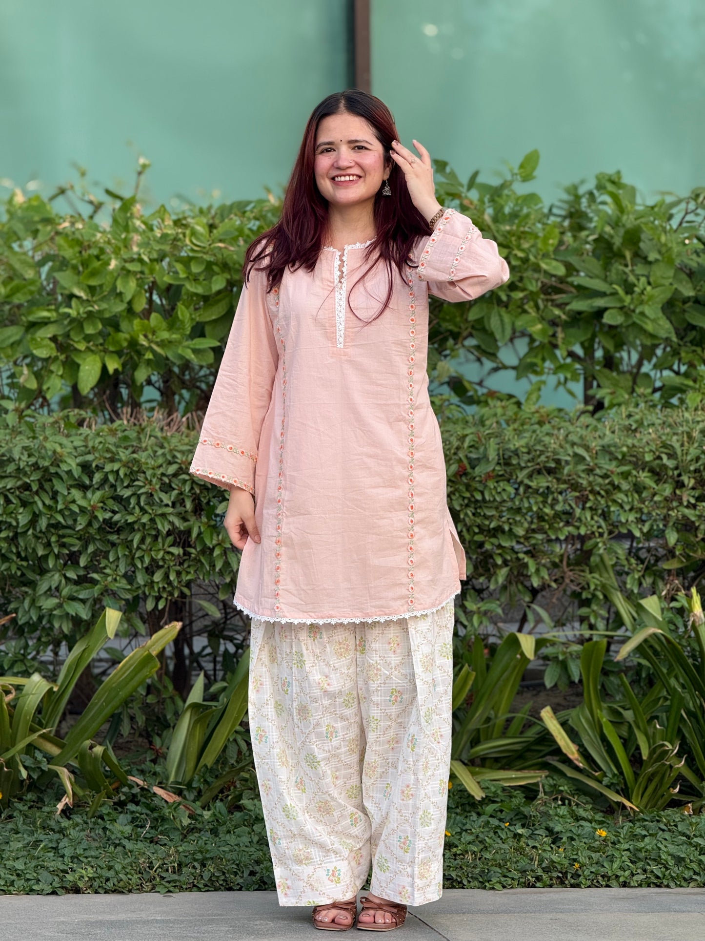Peach Cotton Cambric Kurta with Printed Farshi Shalwar Set | 2-Piece Ethnic Outfit