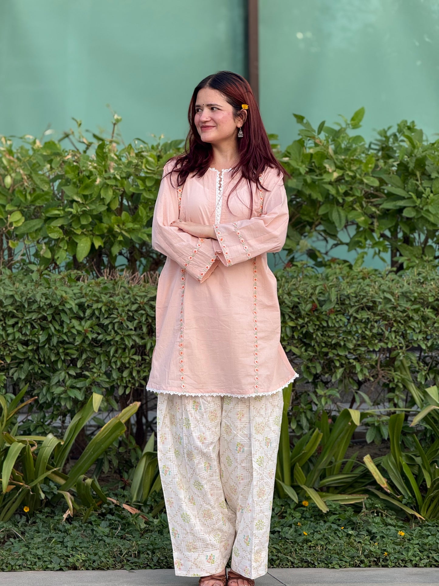 Peach Cotton Cambric Kurta with Printed Farshi Shalwar Set | 2-Piece Ethnic Outfit