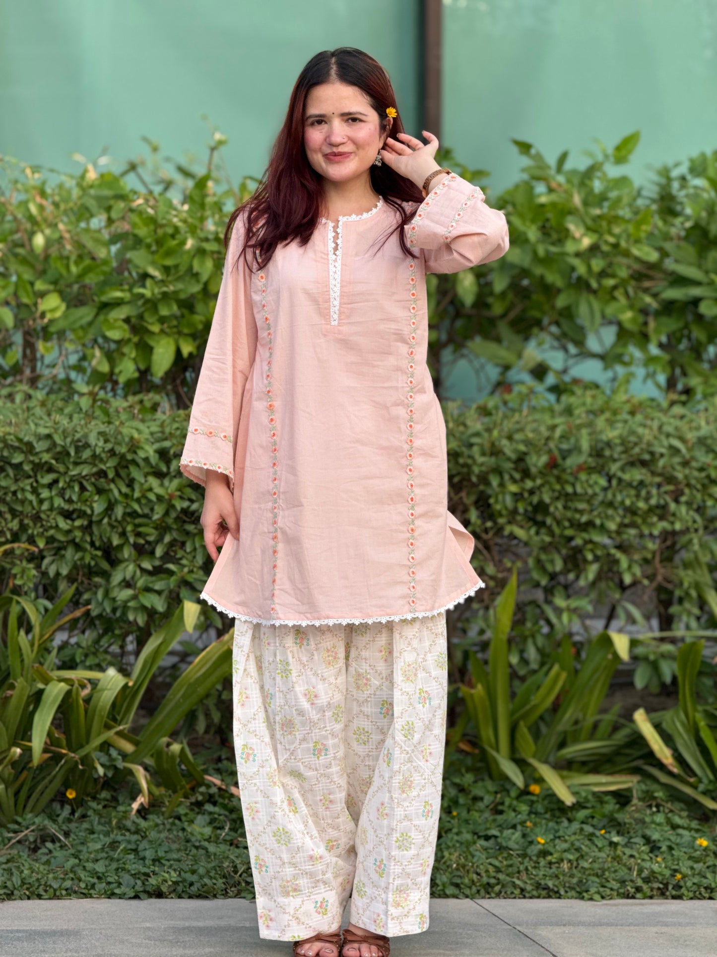 Peach Cotton Cambric Kurta with Printed Farshi Shalwar Set | 2-Piece Ethnic Outfit